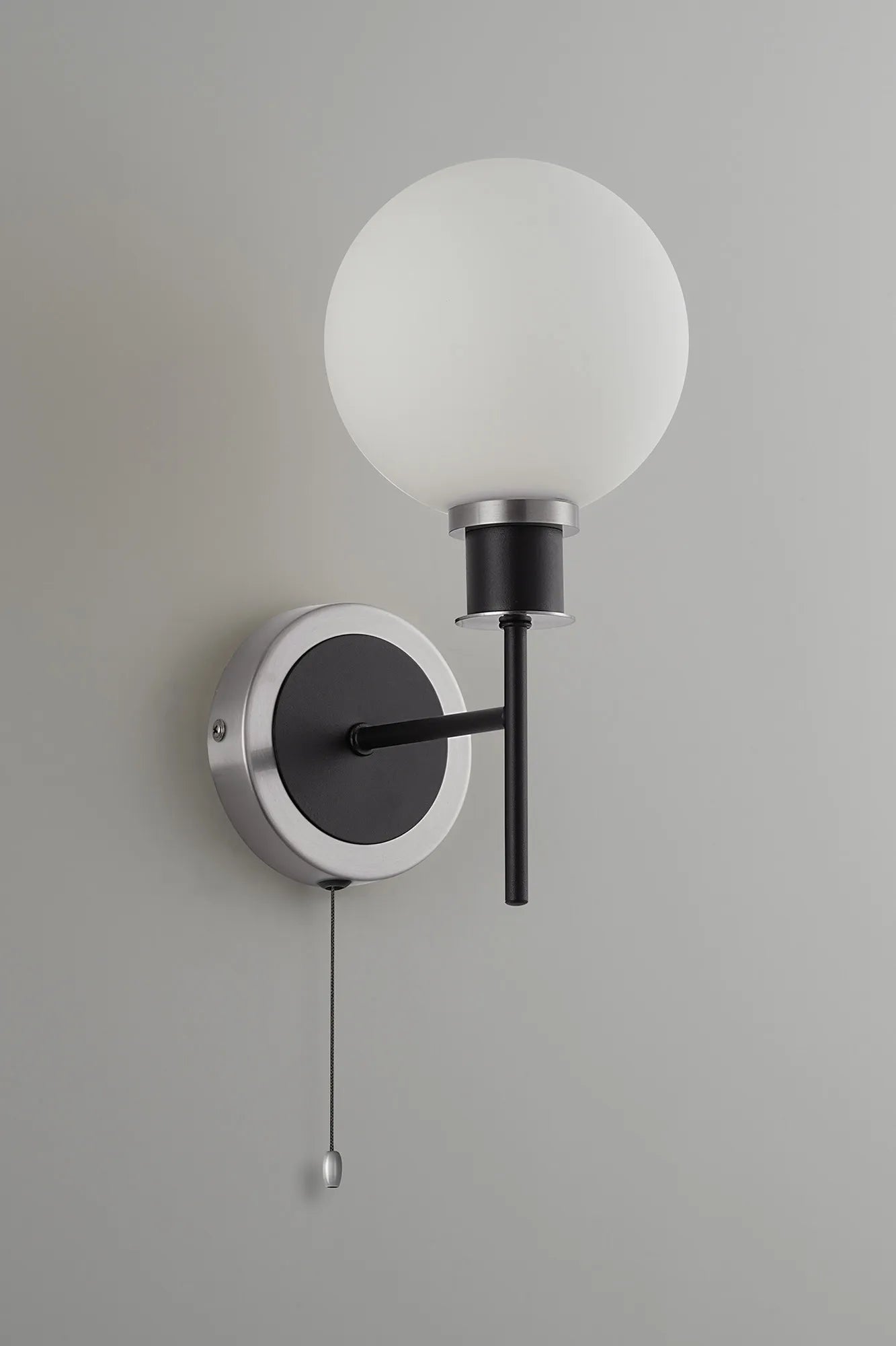 Sycamore Switched Wall Light with 15cm Round Glass Shade - Satin Nickel, Opal & Satin Black