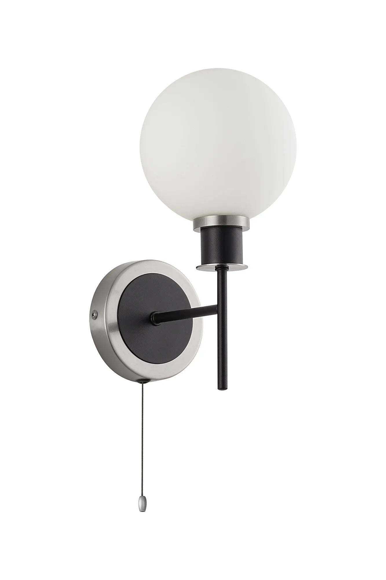 Sycamore Switched Wall Light with 15cm Round Glass Shade - Satin Nickel, Opal & Satin Black