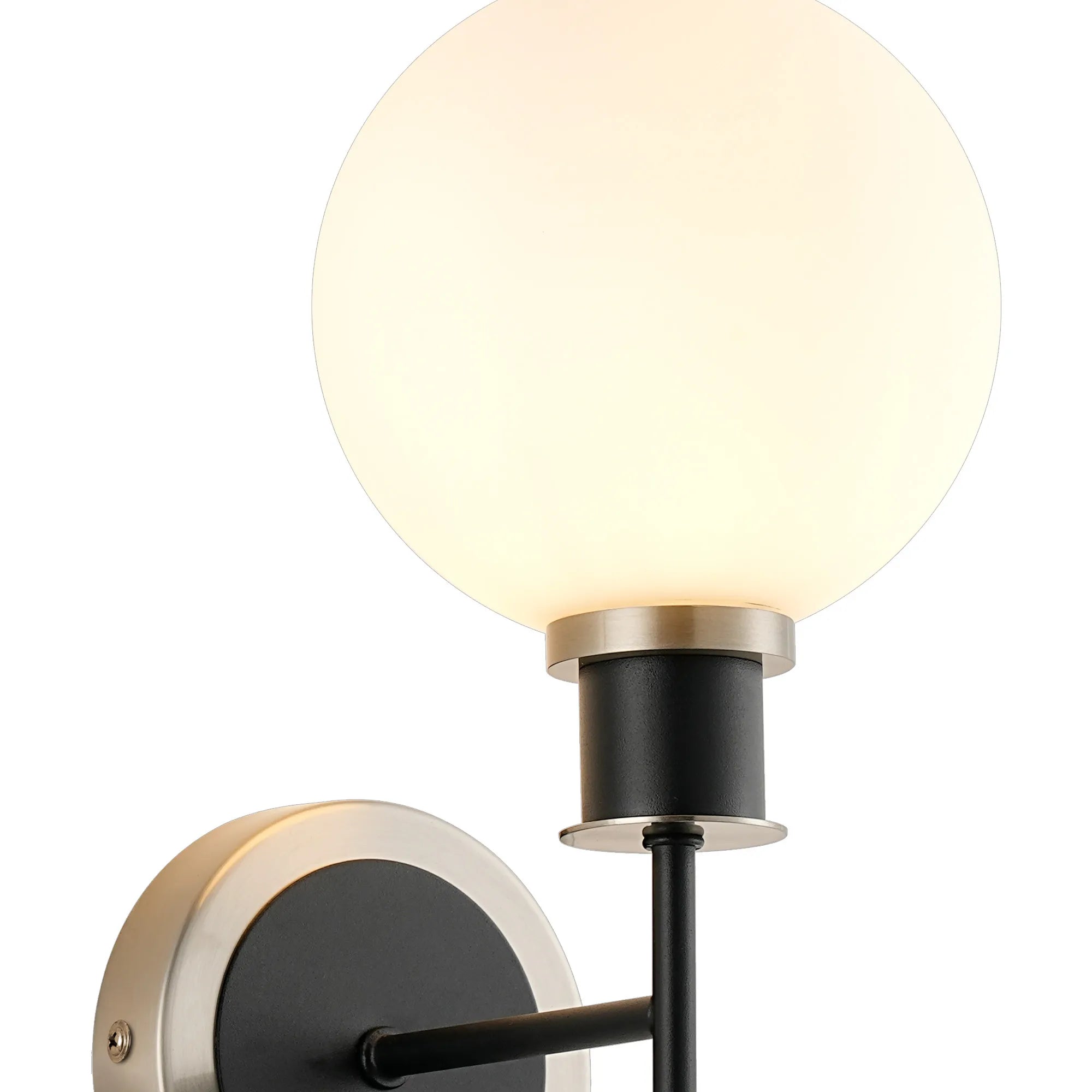 Sycamore Switched Wall Light with 15cm Round Glass Shade - Satin Nickel, Opal & Satin Black
