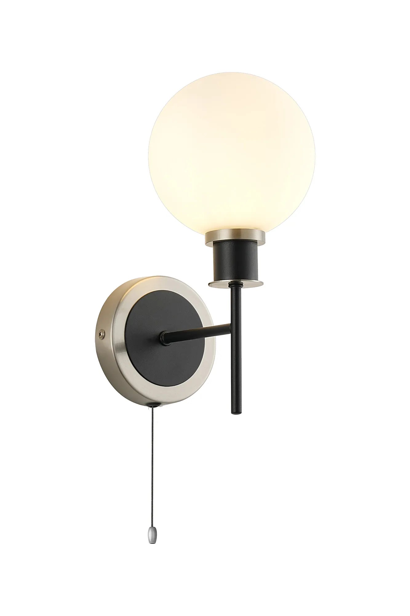 Sycamore Switched Wall Light with 15cm Round Glass Shade - Satin Nickel, Opal & Satin Black
