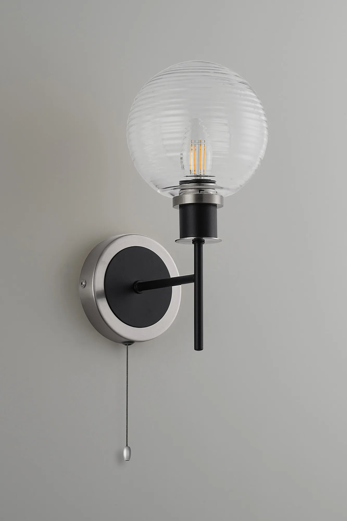 Sycamore Switched Wall Light with 15cm Round Ribbed Glass Shade - Satin Nickel, Clear & Satin Black