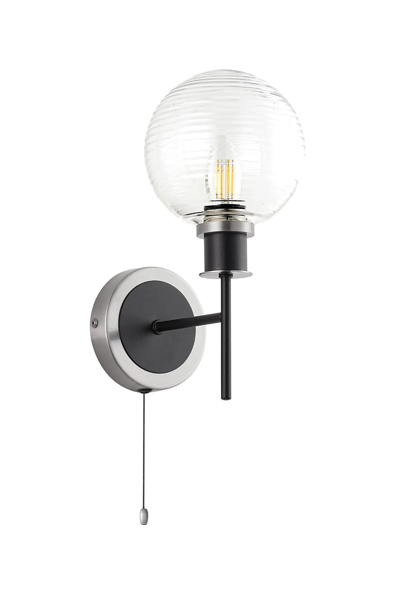 Sycamore Switched Wall Light with 15cm Round Ribbed Glass Shade - Satin Nickel, Clear & Satin Black