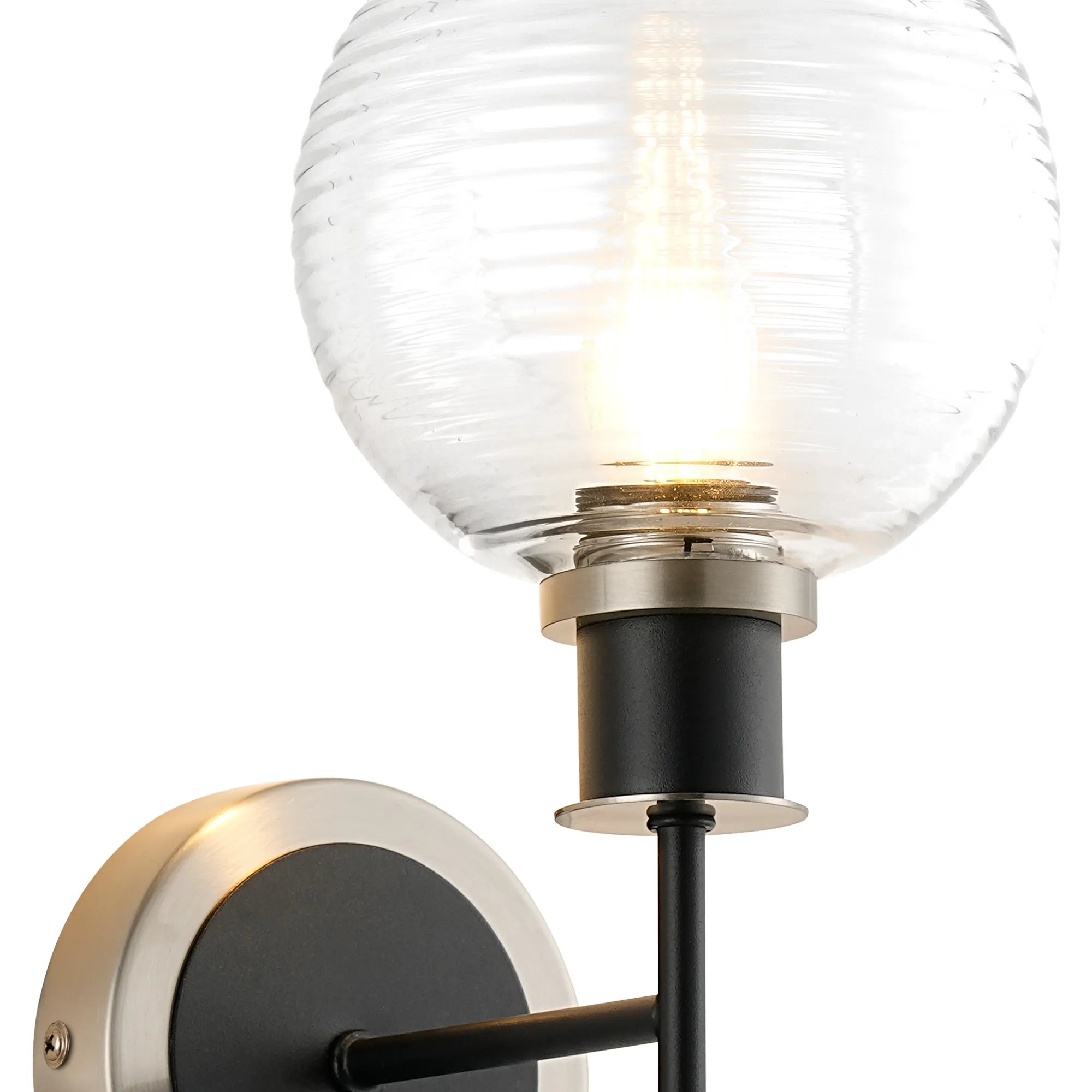 Sycamore Switched Wall Light with 15cm Round Ribbed Glass Shade - Satin Nickel, Clear & Satin Black