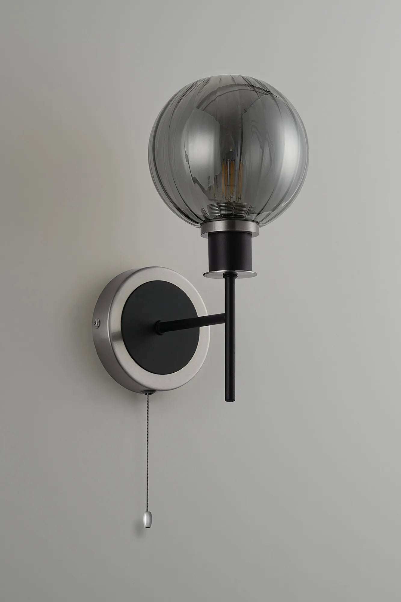 Sycamore Switched Wall Light with 15cm Round Segment Glass Shade - Satin Nickel, Smoke Plated & Satin Black