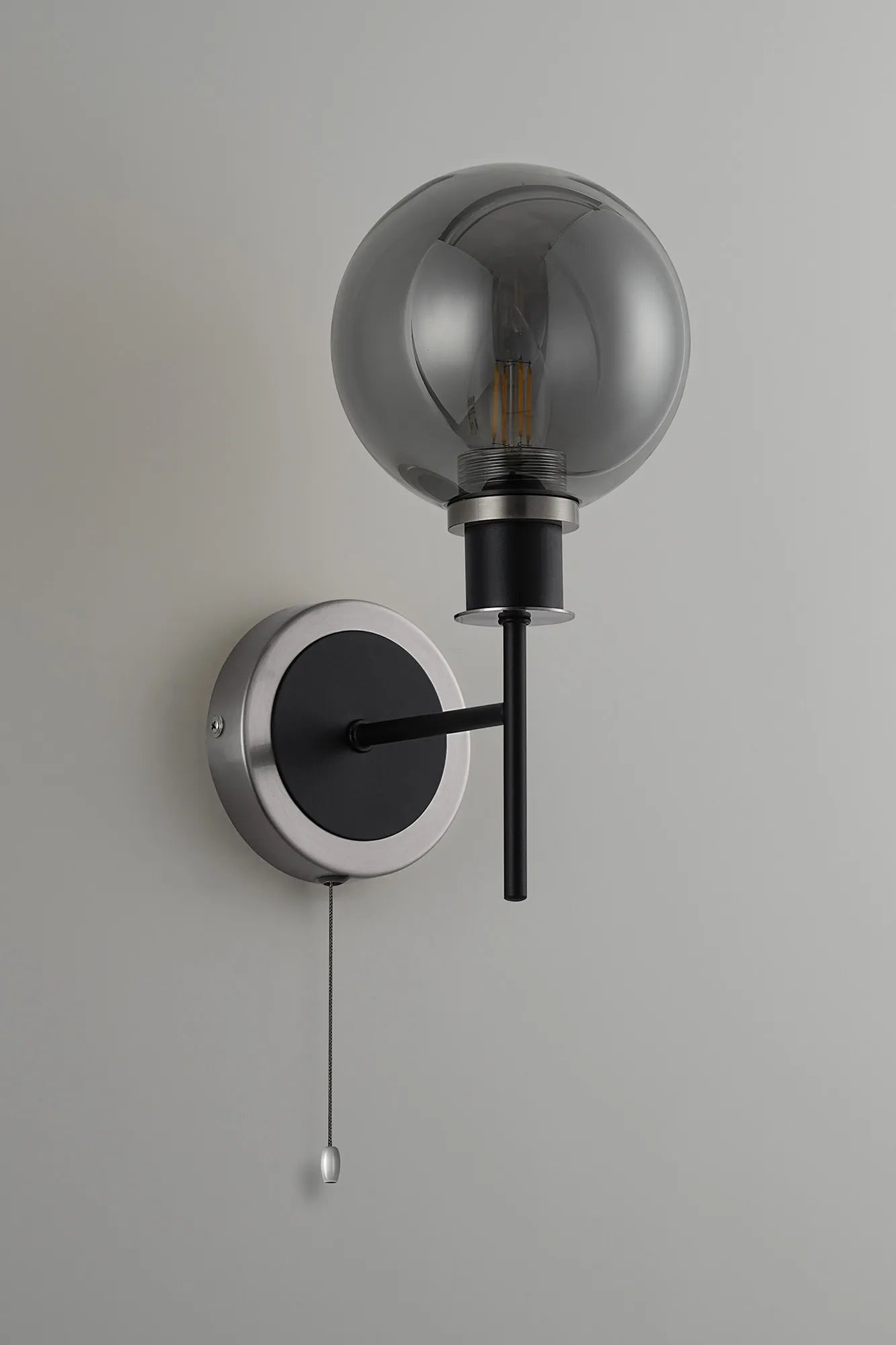 Sycamore Switched Wall Light with 15cm Round Glass Shade - Satin Nickel, Smoke Plated & Satin Black