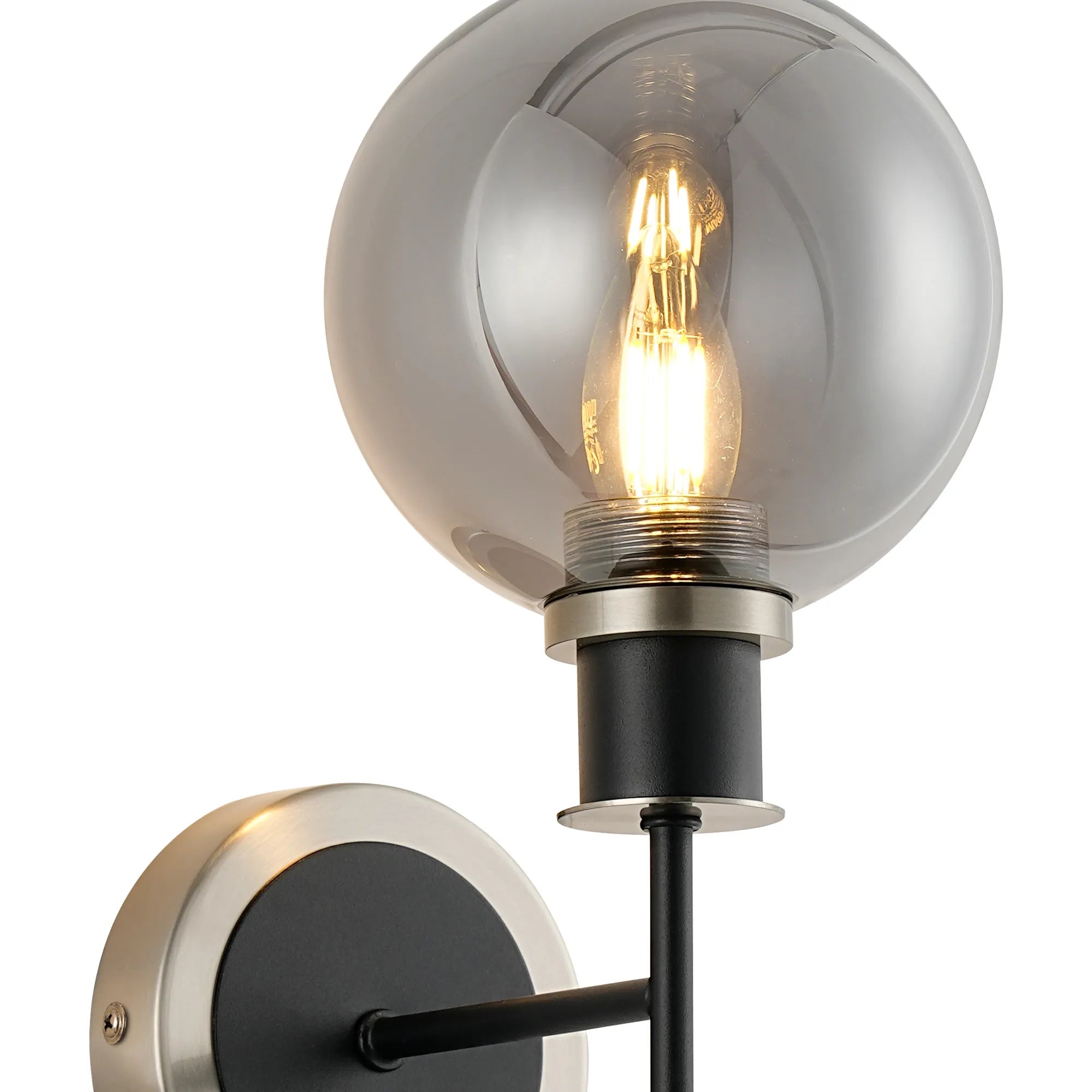 Sycamore Switched Wall Light with 15cm Round Glass Shade - Satin Nickel, Smoke Plated & Satin Black