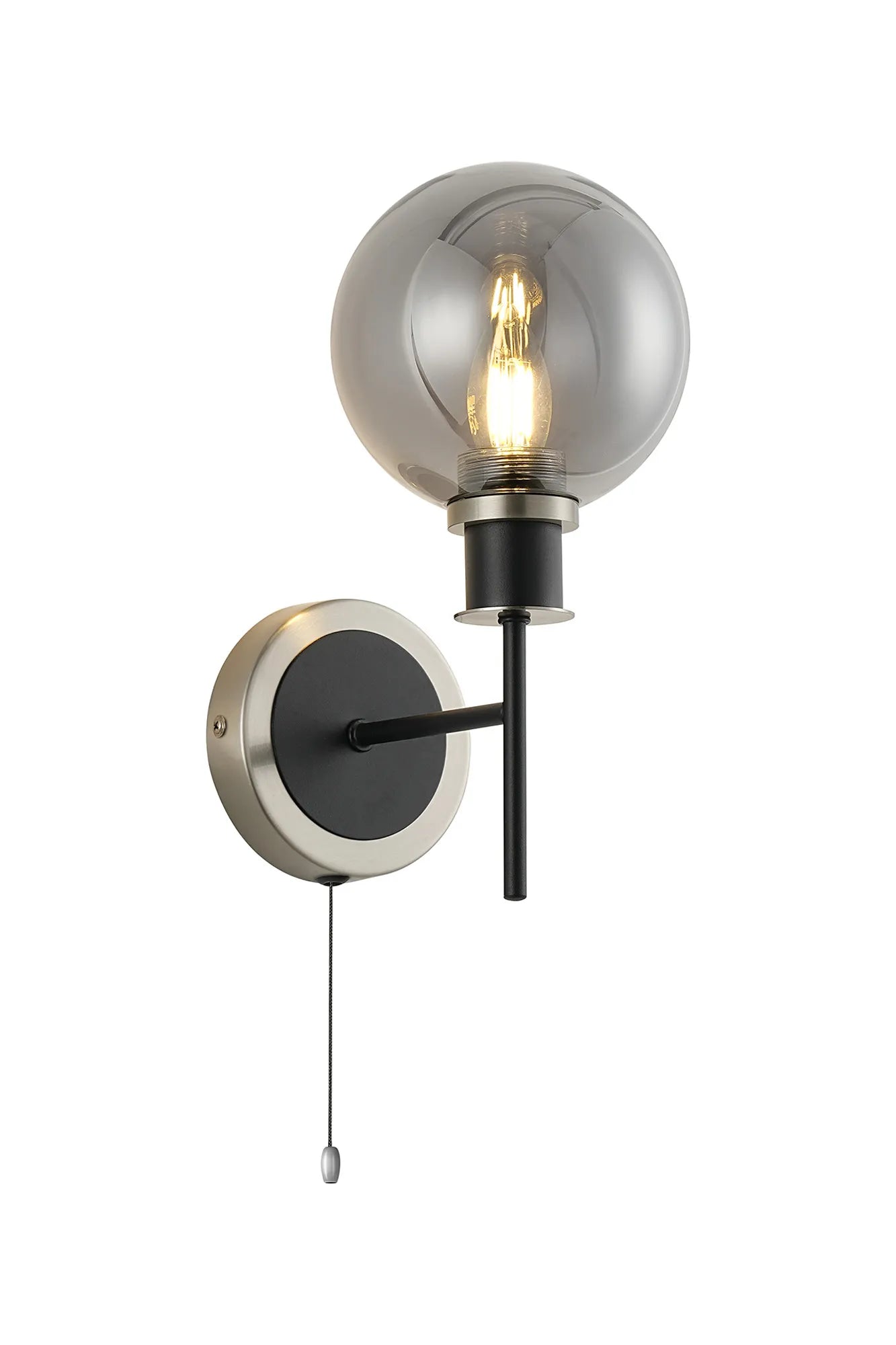 Sycamore Switched Wall Light with 15cm Round Glass Shade - Satin Nickel, Smoke Plated & Satin Black