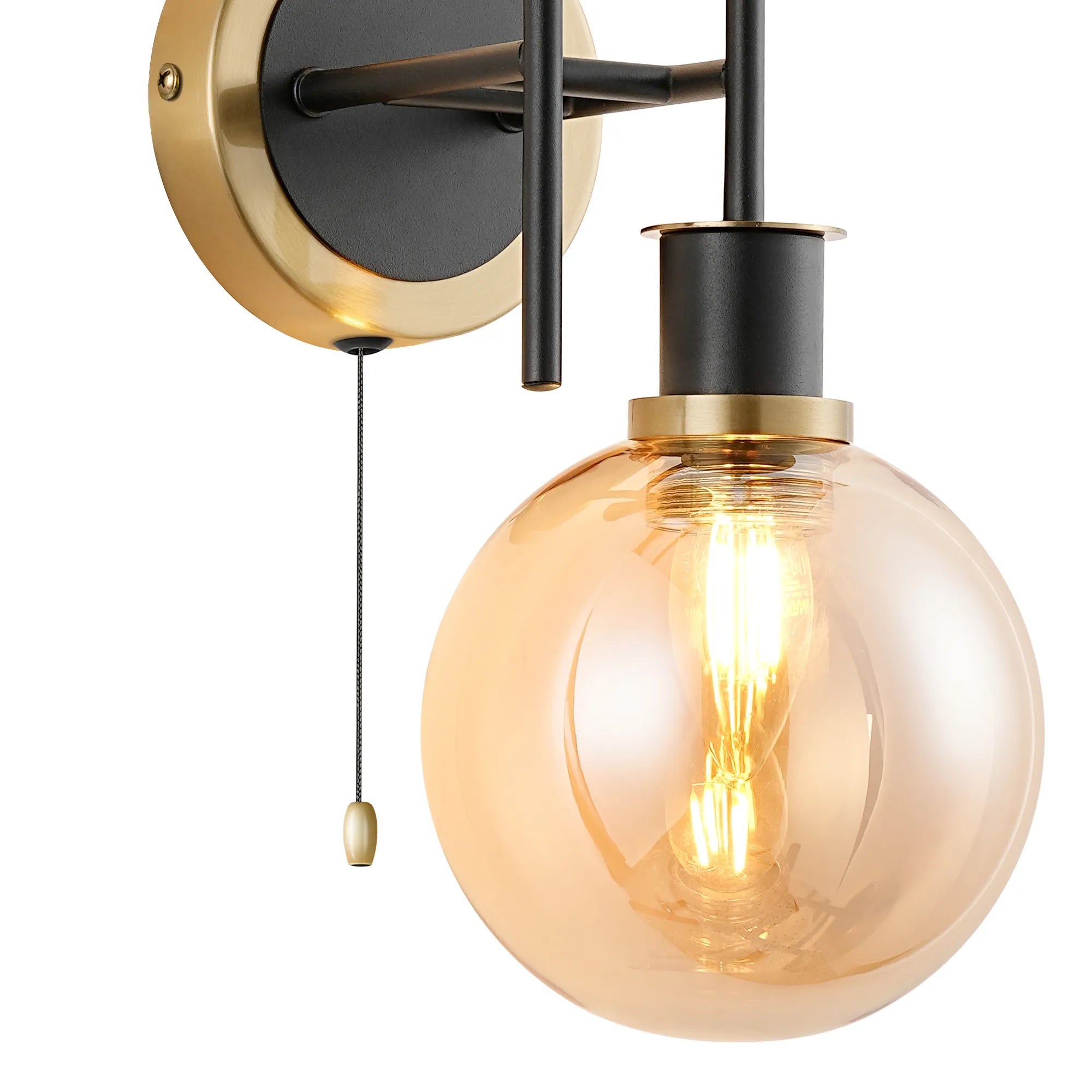 Sycamore Switched Wall Light 2 Light with 15cm Round Glass Shade - Brass, Amber Plated & Satin Black