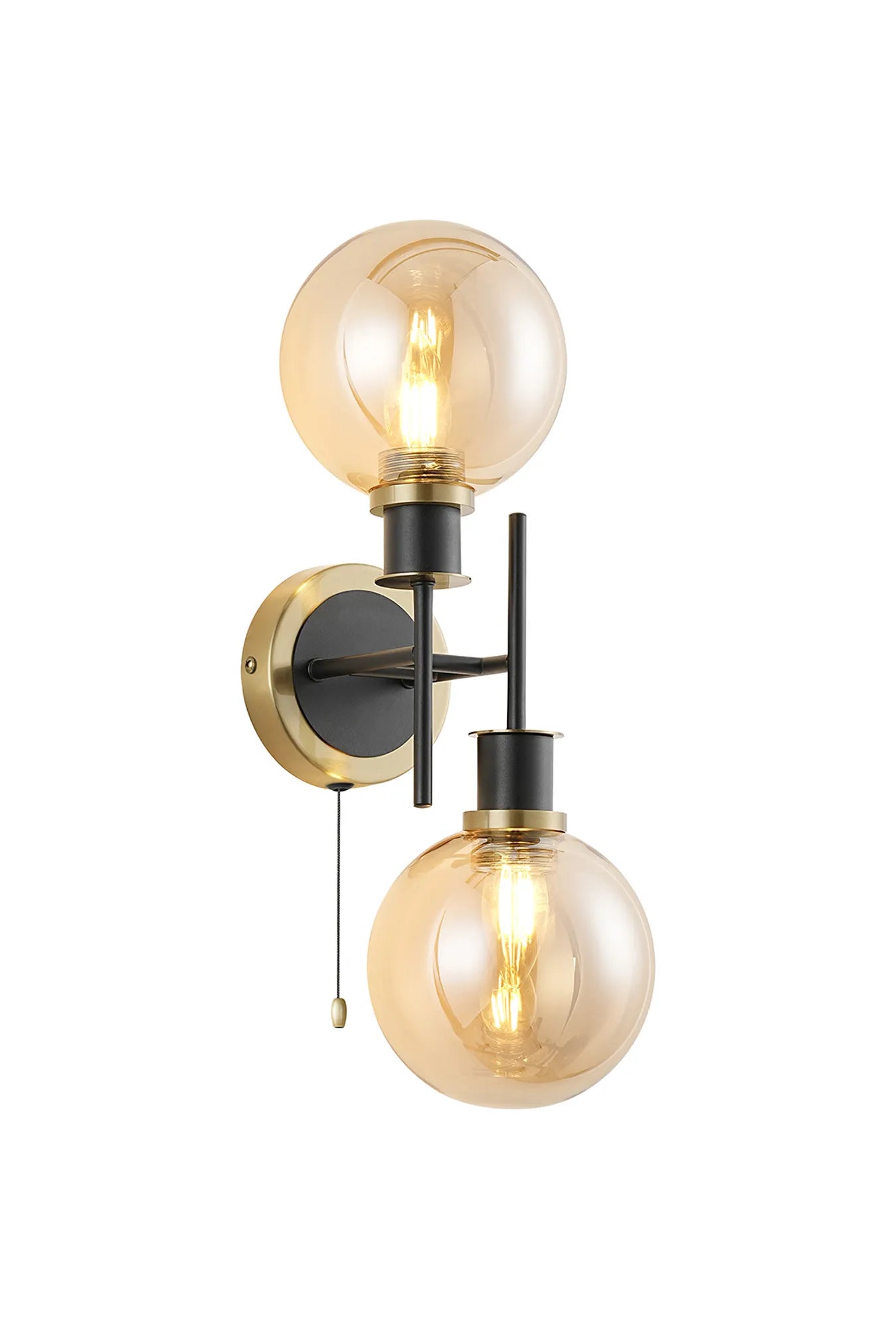 Sycamore Switched Wall Light 2 Light with 15cm Round Glass Shade - Brass, Amber Plated & Satin Black