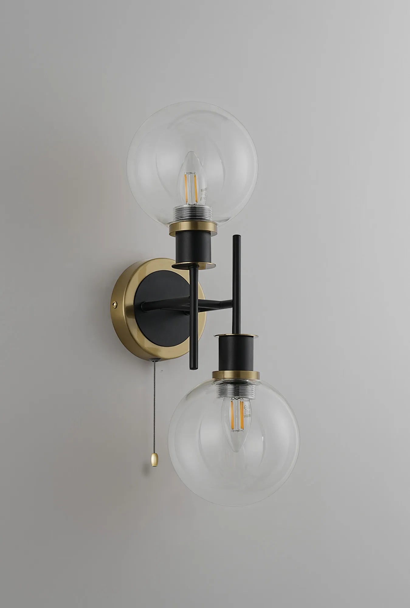 Sycamore Switched Wall Light 2 Light with 15cm Round Glass Shade - Brass, Clear & Satin Black
