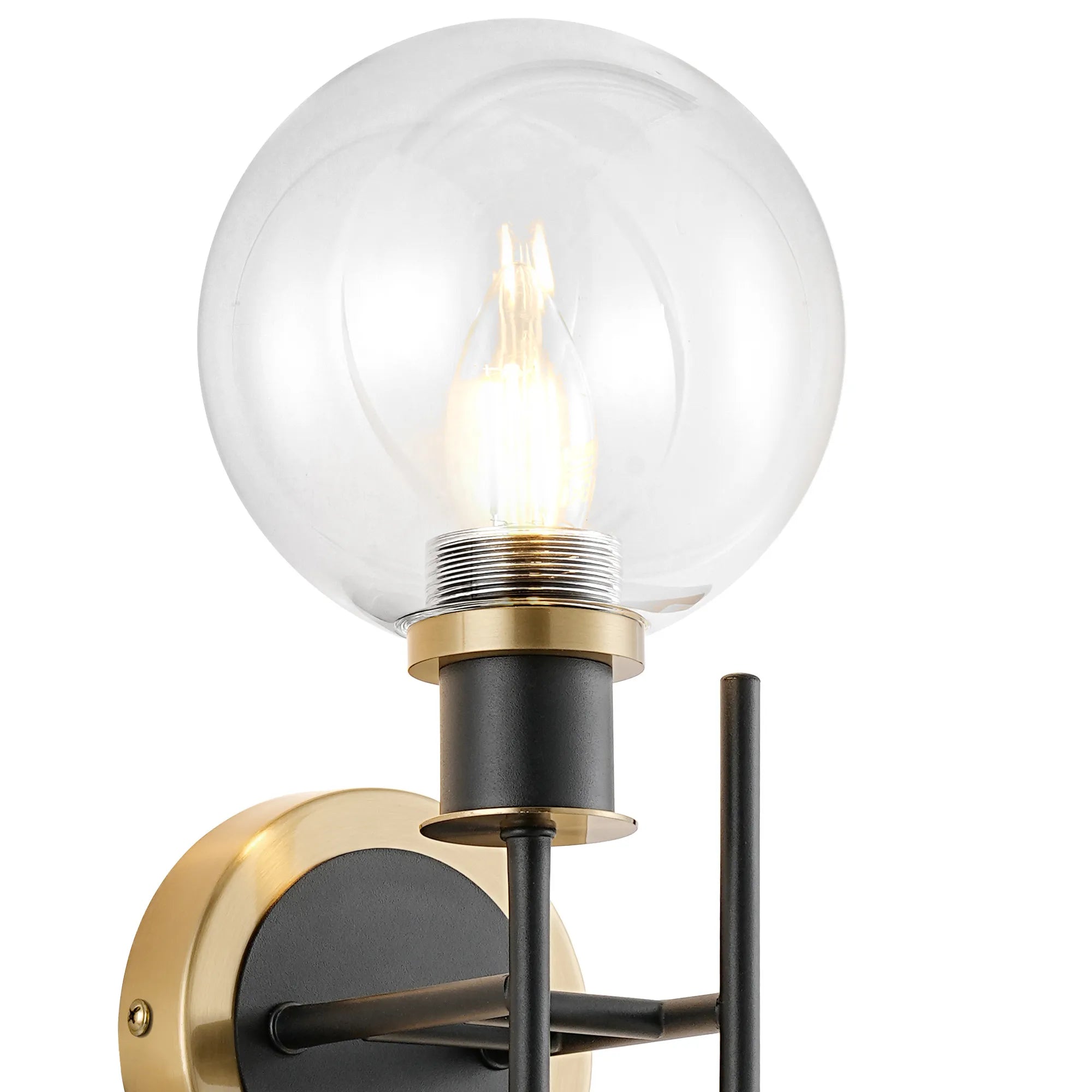 Sycamore Switched Wall Light 2 Light with 15cm Round Glass Shade - Brass, Clear & Satin Black