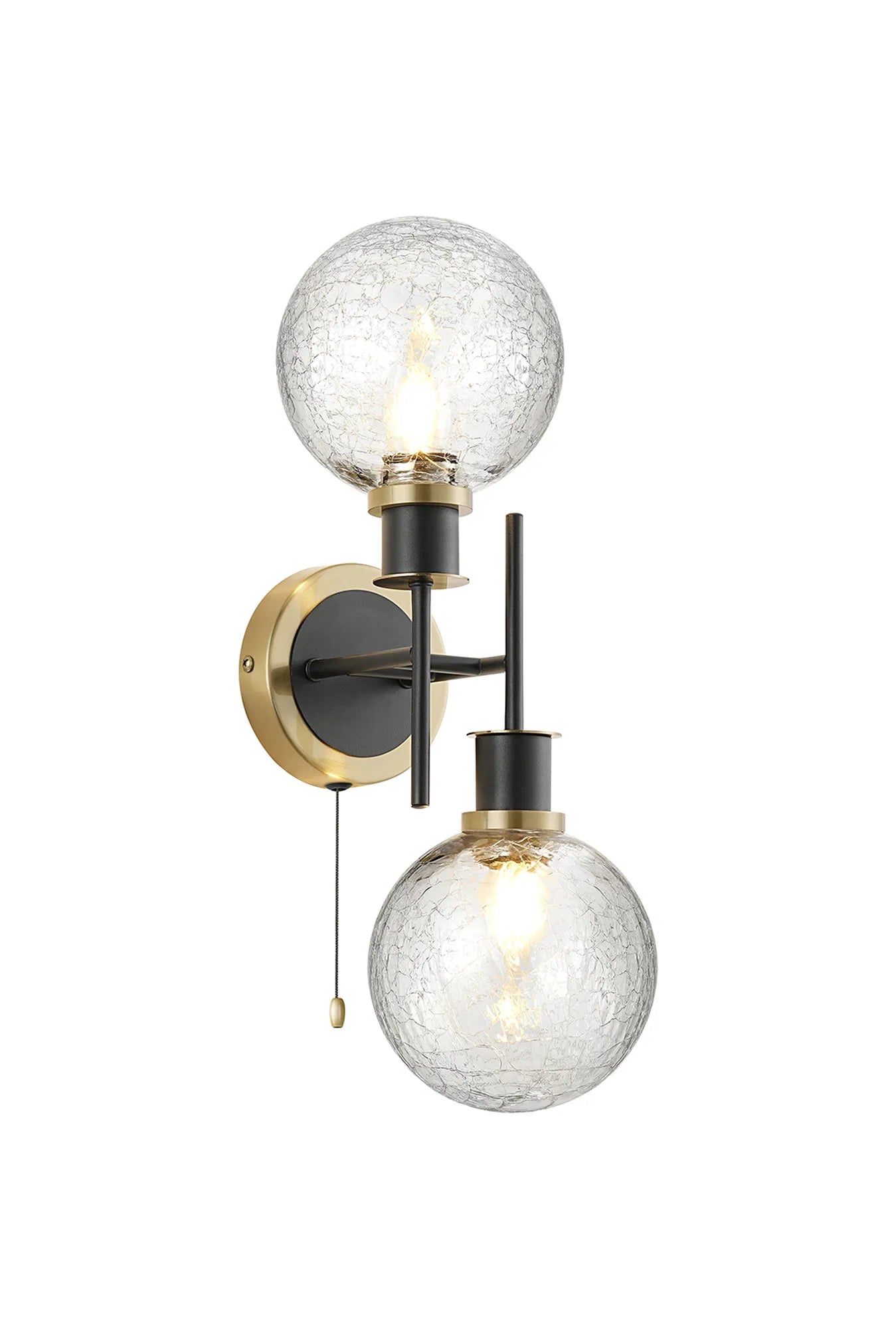 Sycamore Switched Wall Light 2 Light with 15cm Round Crackled Glass Shade - Brass, Clear & Satin Black