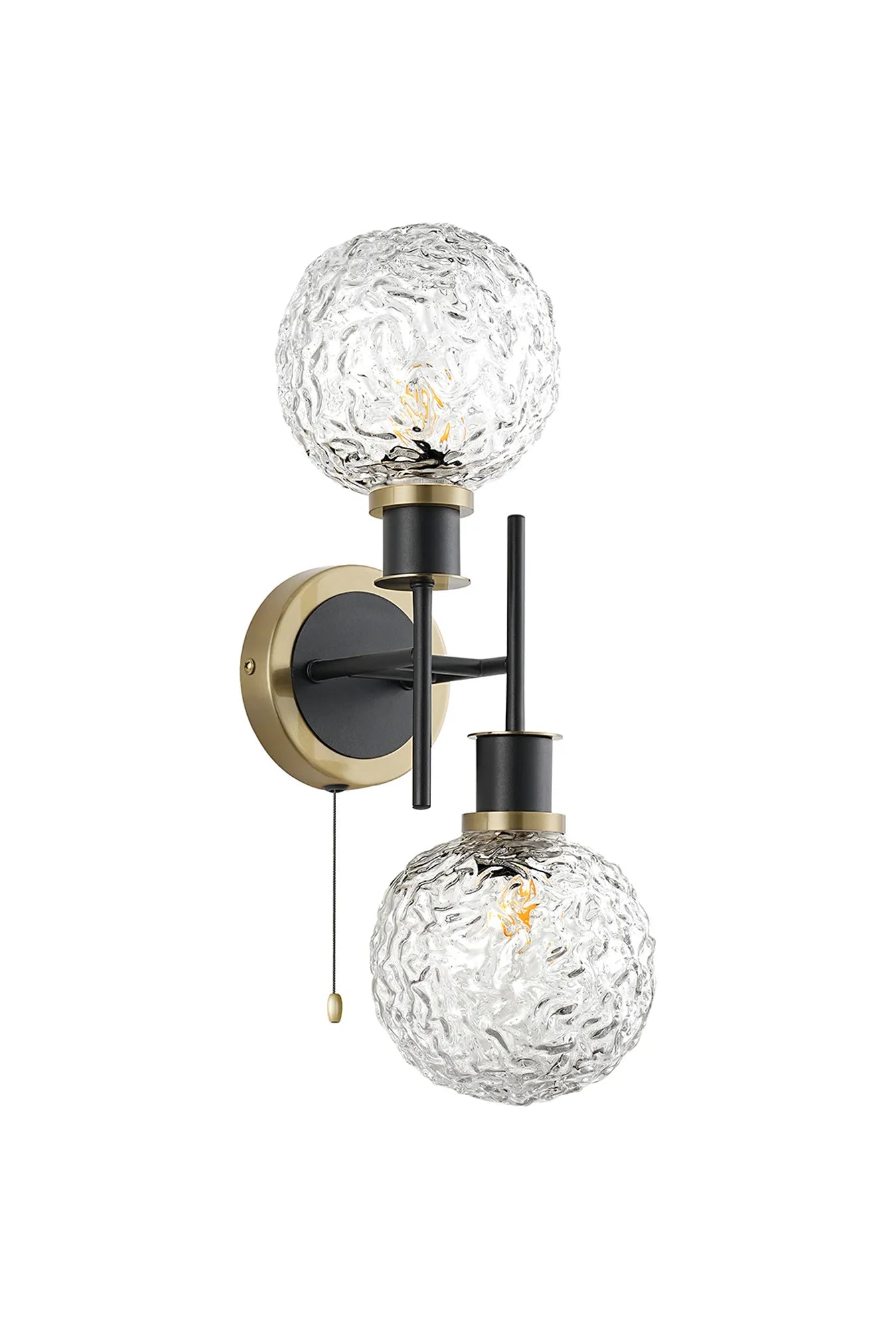 Sycamore Switched Wall Light 2 Light with 15cm Round Textured Crumple Glass Shade - Brass, Clear & Satin Black
