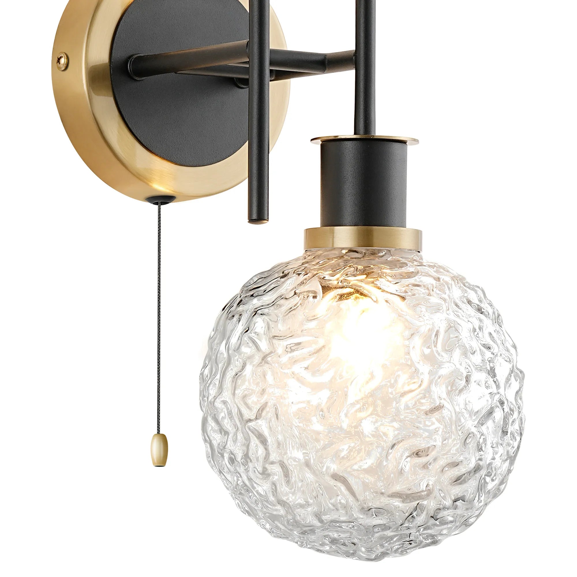 Sycamore Switched Wall Light 2 Light with 15cm Round Textured Crumple Glass Shade - Brass, Clear & Satin Black