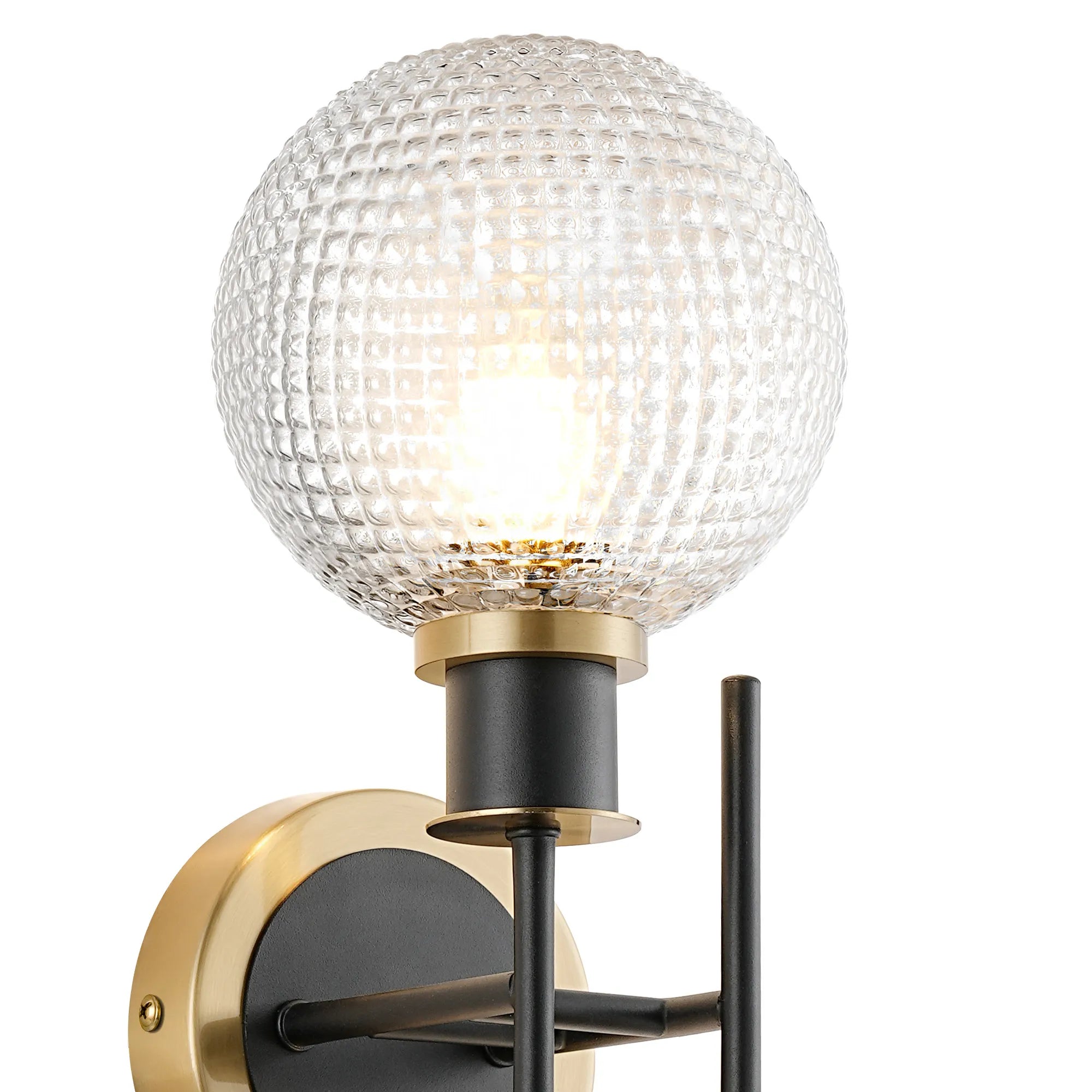 Sycamore Switched Wall Light 2 Light with 15cm Round Textured Diamond Pattern Glass Shade - Brass, Clear & Satin Black