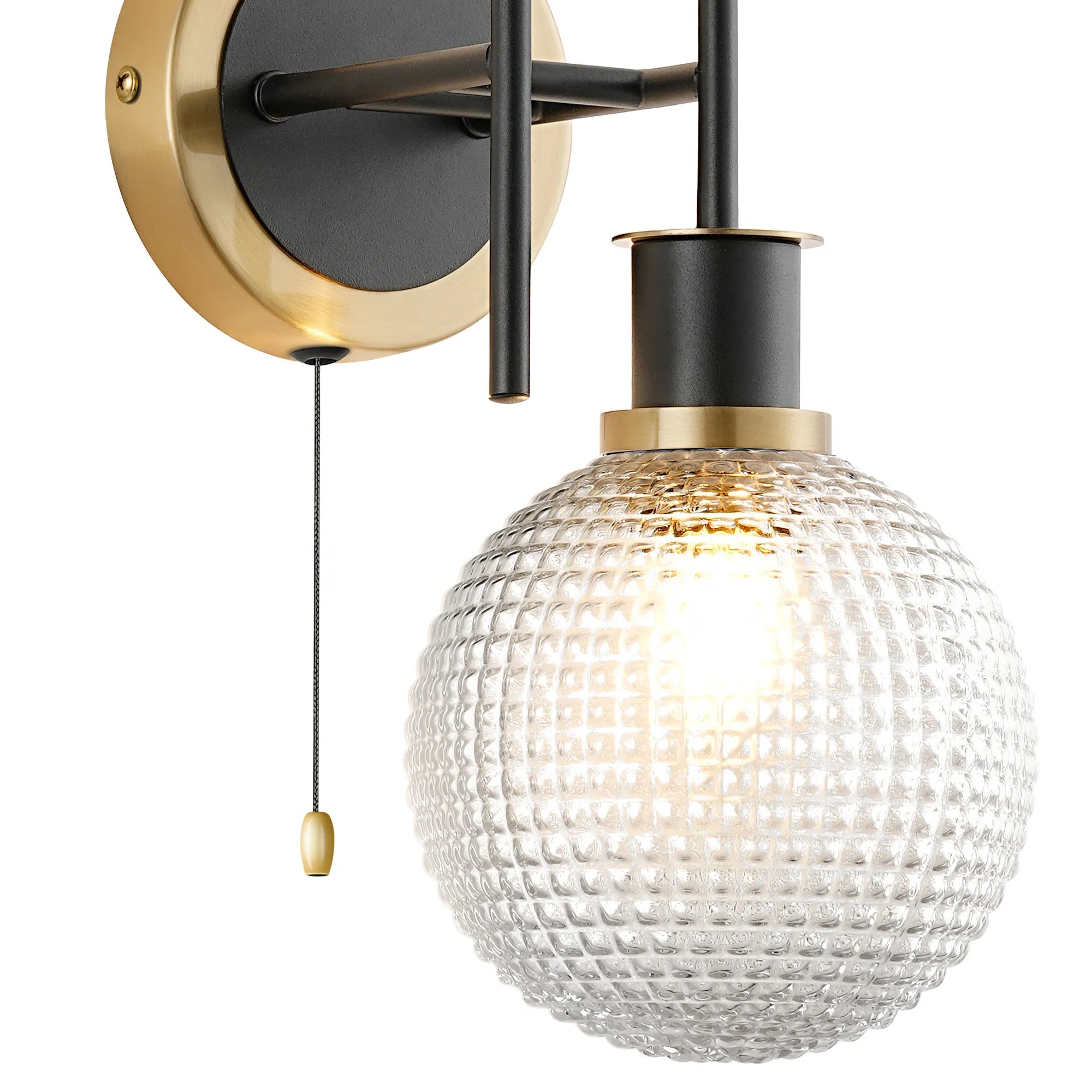 Sycamore Switched Wall Light 2 Light with 15cm Round Textured Diamond Pattern Glass Shade - Brass, Clear & Satin Black