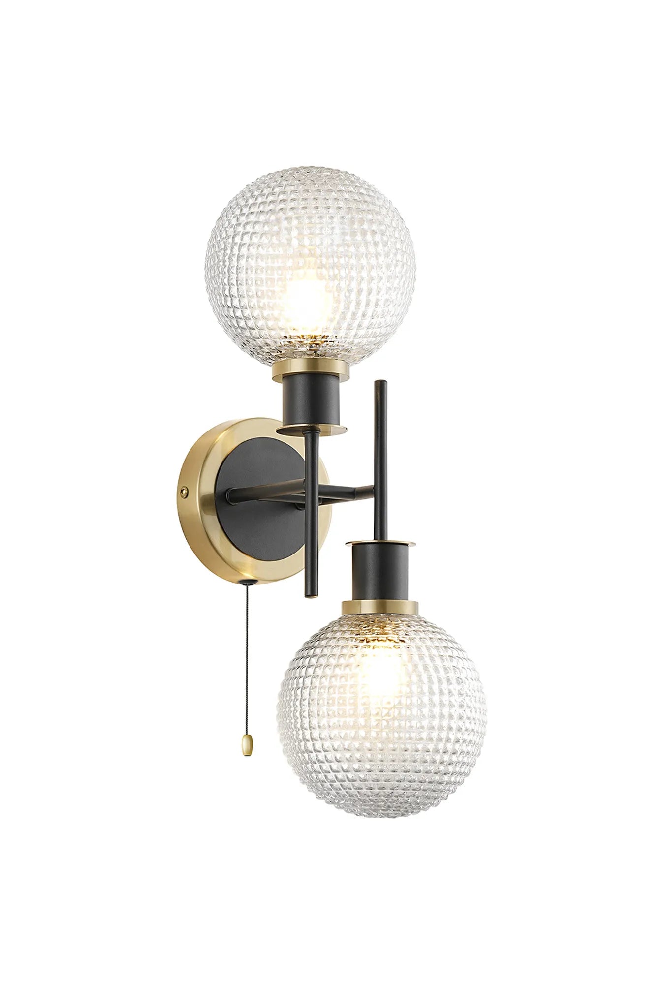 Sycamore Switched Wall Light 2 Light with 15cm Round Textured Diamond Pattern Glass Shade - Brass, Clear & Satin Black