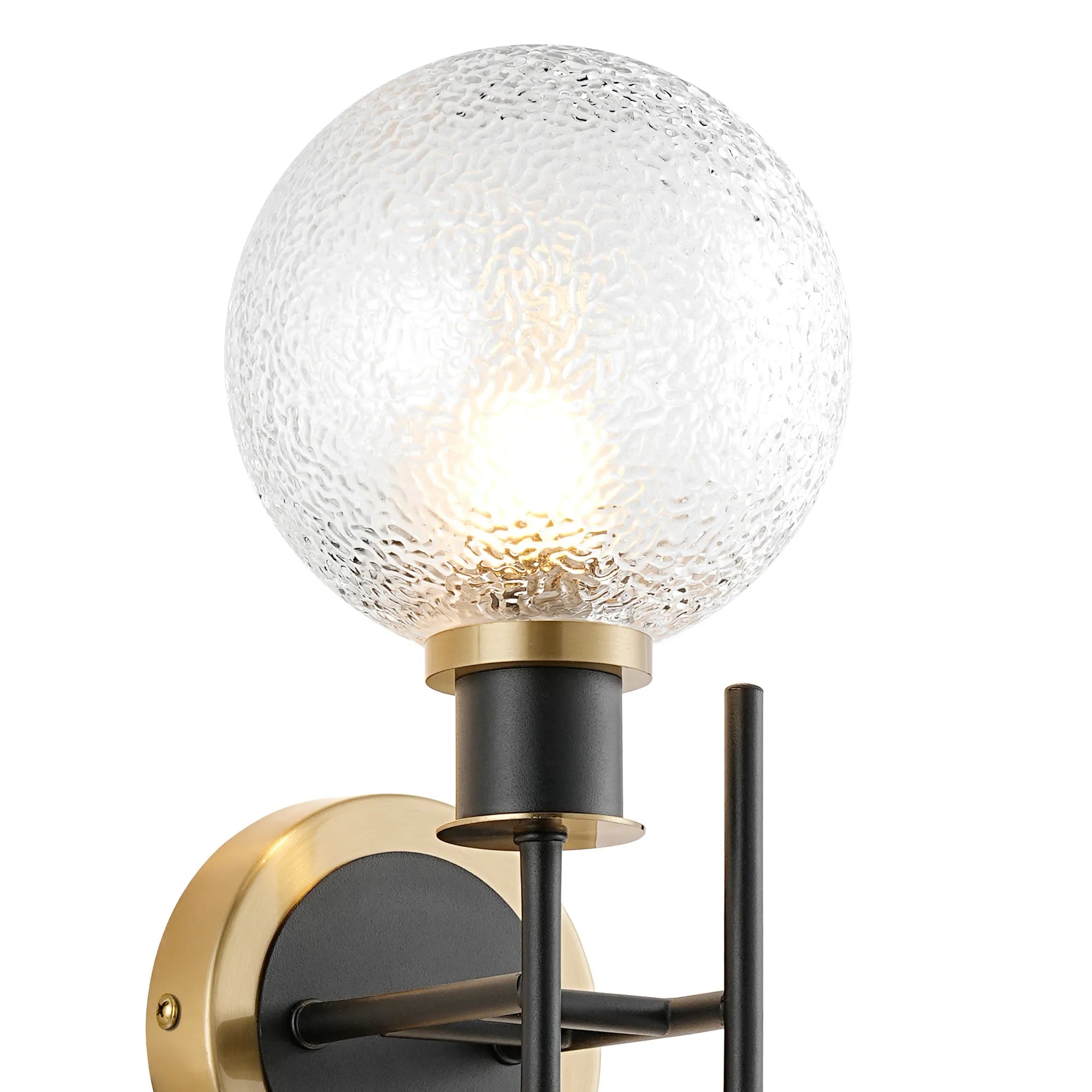 Sycamore Switched Wall Light 2 Light with 15cm Round Dimpled Glass Shade - Brass, Clear & Satin Black