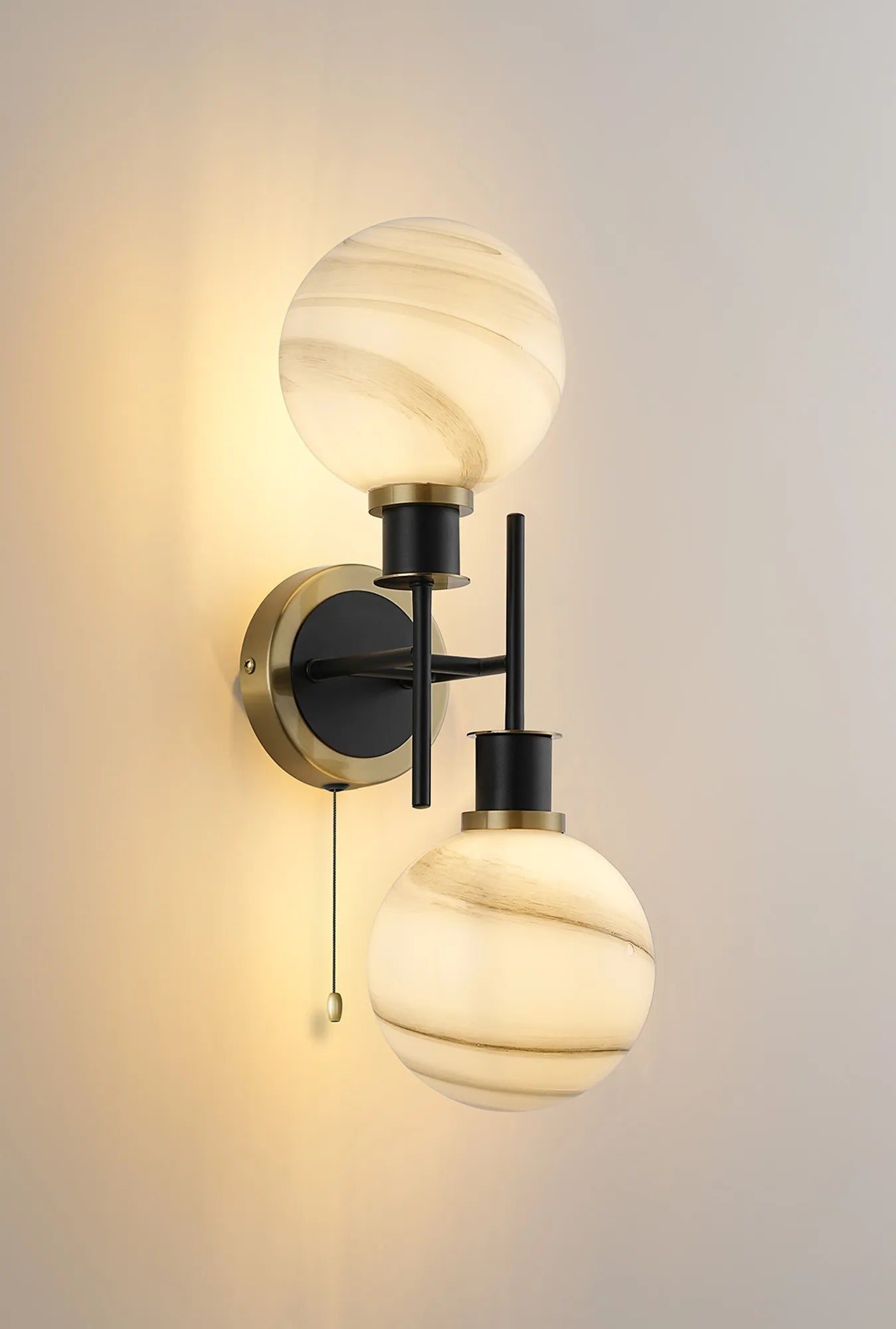 Sycamore Switched Wall Light 2 Light with 15cm Round Marble Effect Glass Shade - Brass, White & Satin Black