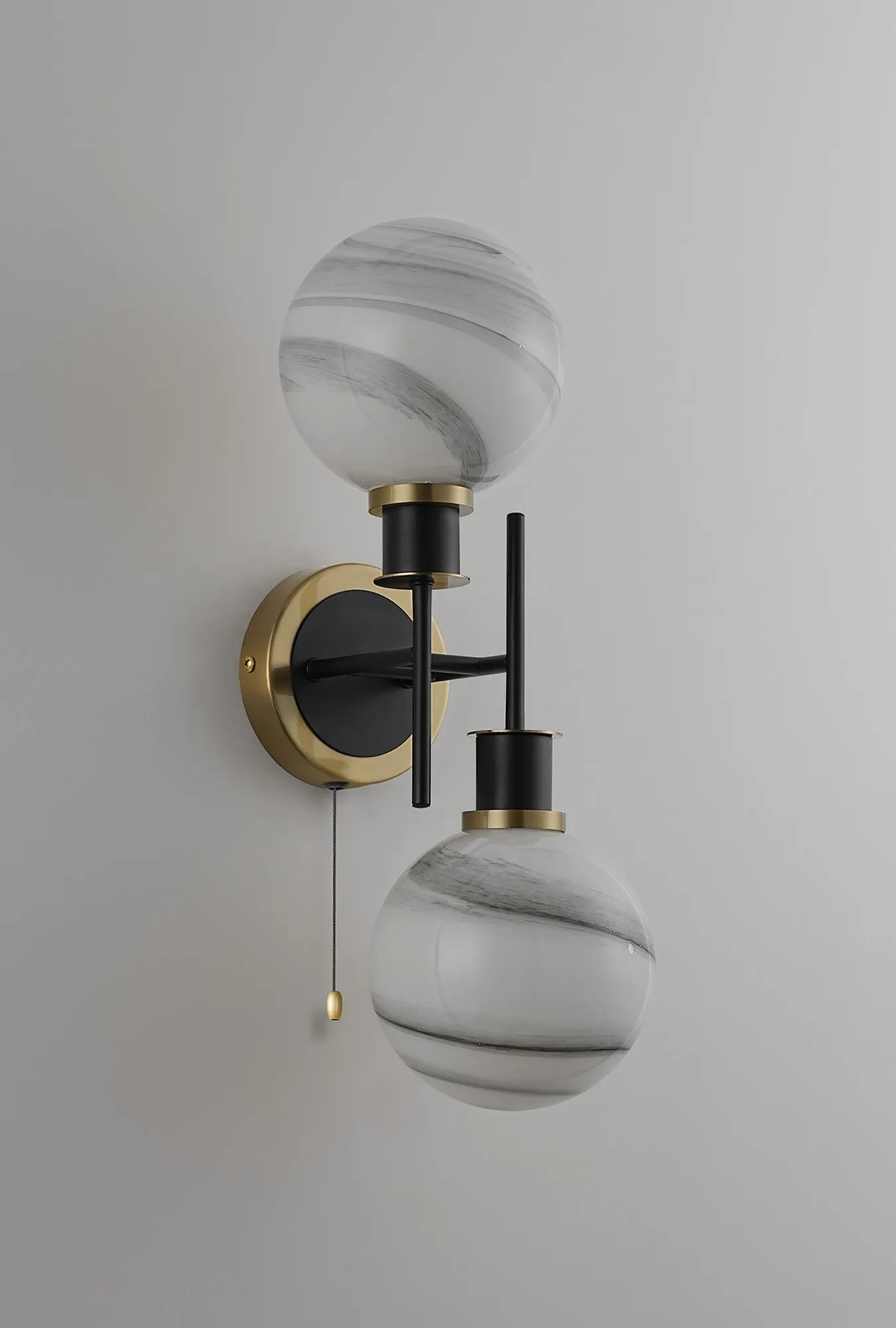 Sycamore Switched Wall Light 2 Light with 15cm Round Marble Effect Glass Shade - Brass, White & Satin Black