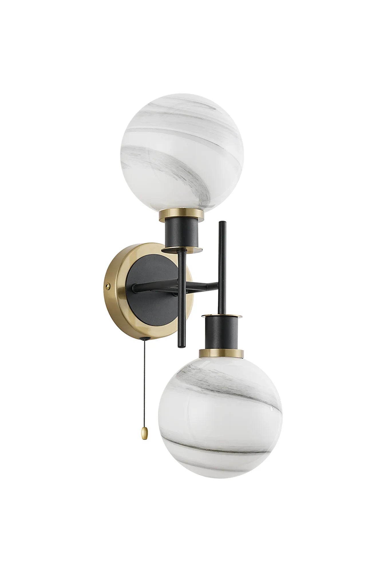 Sycamore Switched Wall Light 2 Light with 15cm Round Marble Effect Glass Shade - Brass, White & Satin Black
