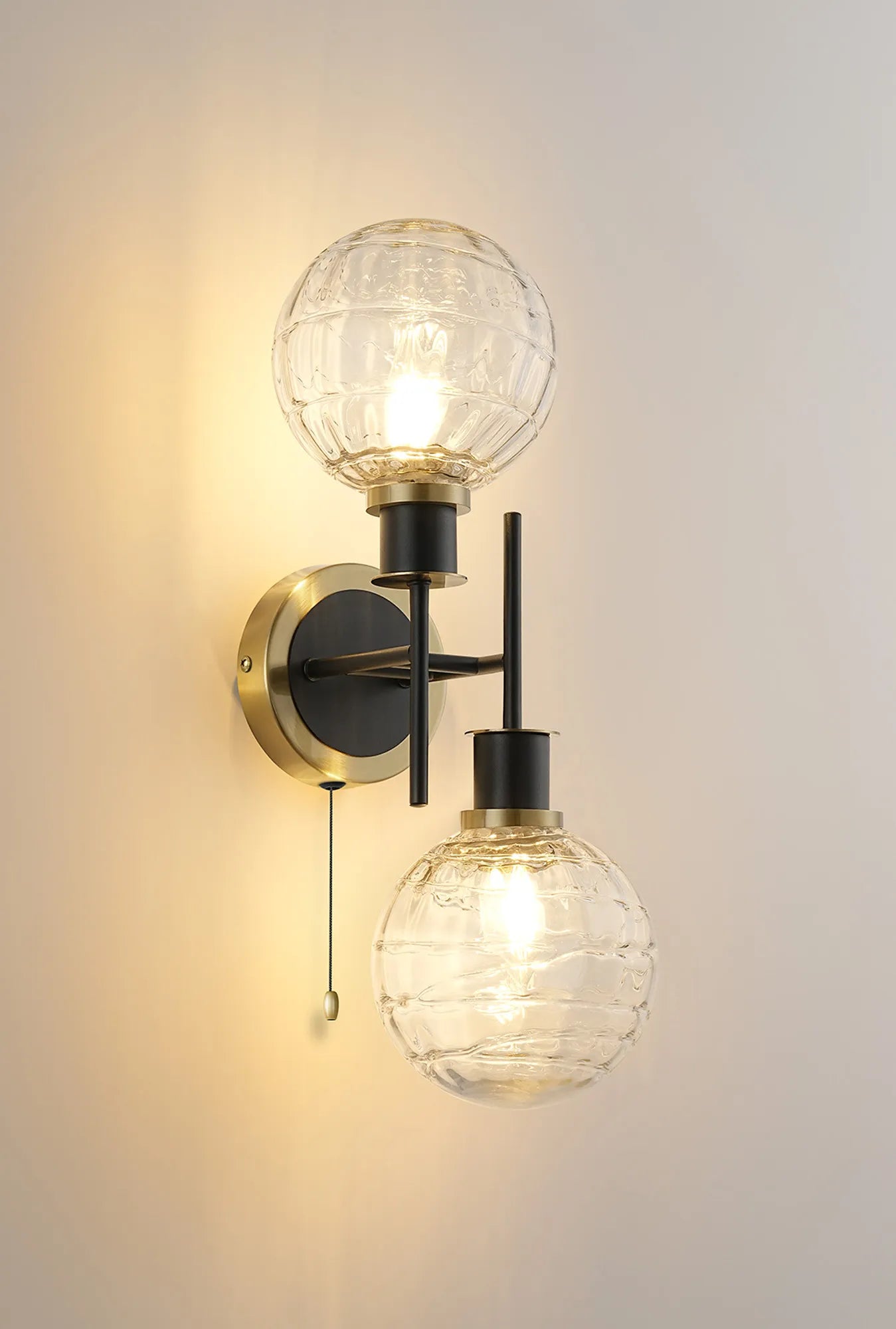 Sycamore Switched Wall Light 2 Light with 15cm Round Textured Melting Glass Shade - Brass, Clear & Satin Black