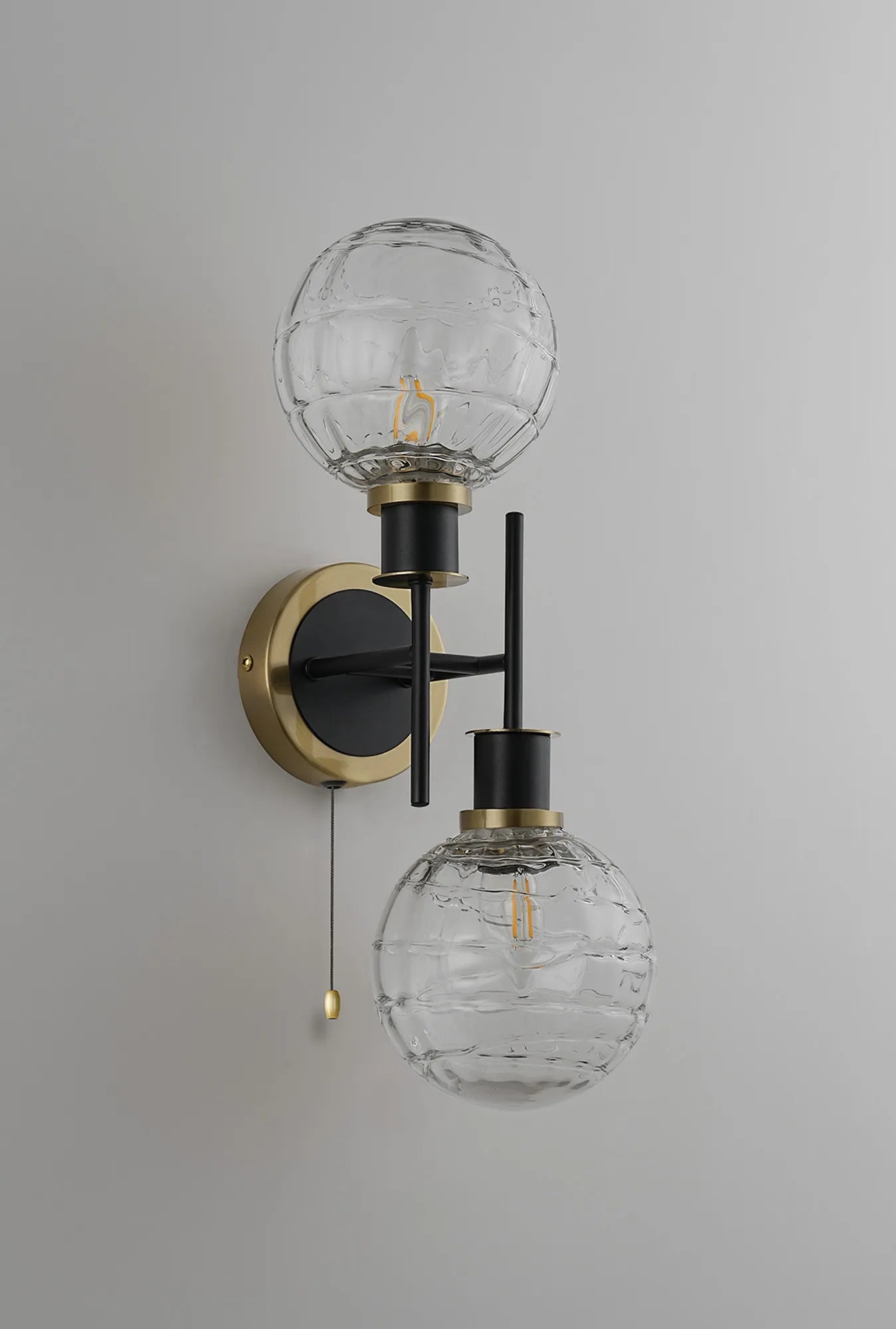 Sycamore Switched Wall Light 2 Light with 15cm Round Textured Melting Glass Shade - Brass, Clear & Satin Black