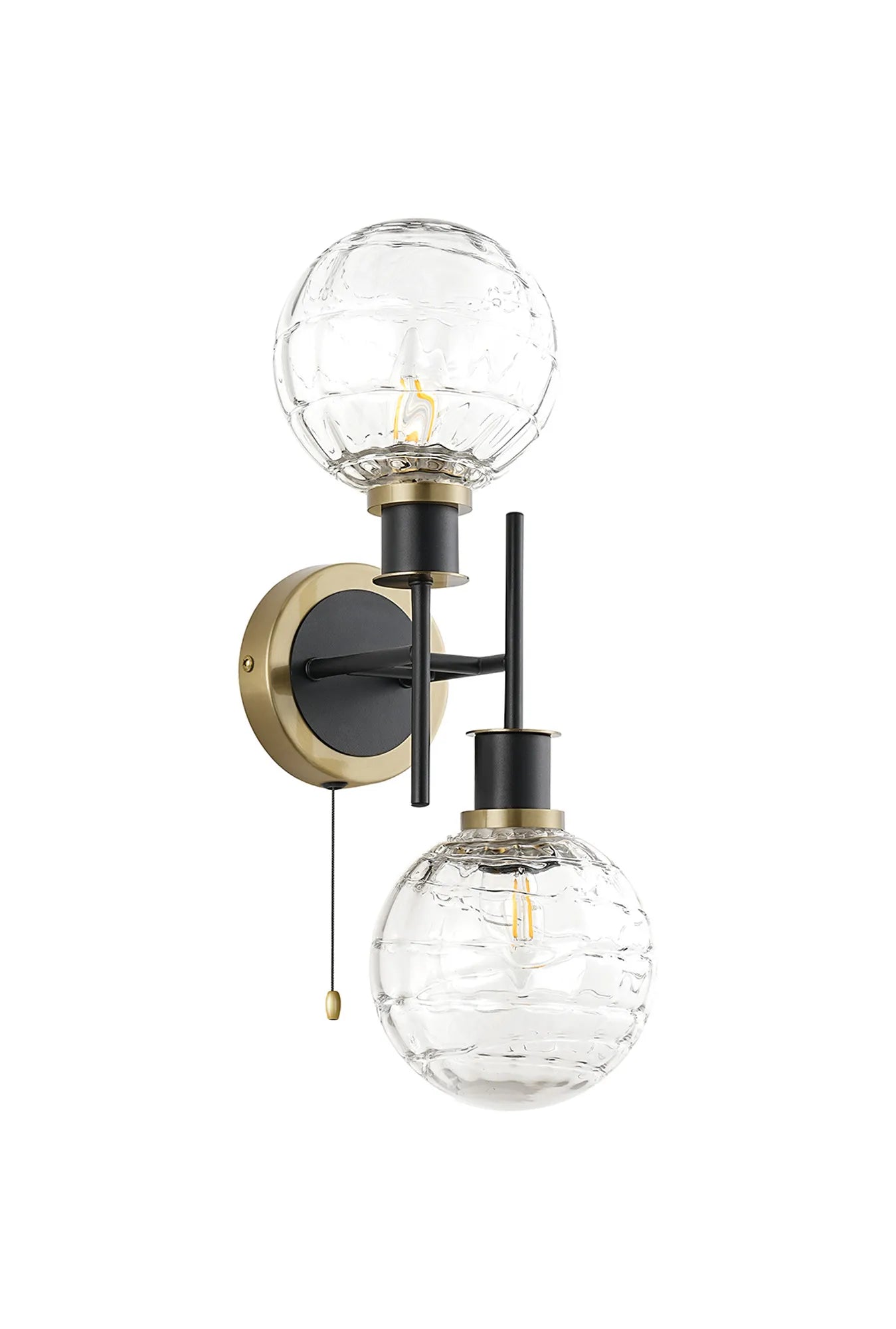 Sycamore Switched Wall Light 2 Light with 15cm Round Textured Melting Glass Shade - Brass, Clear & Satin Black