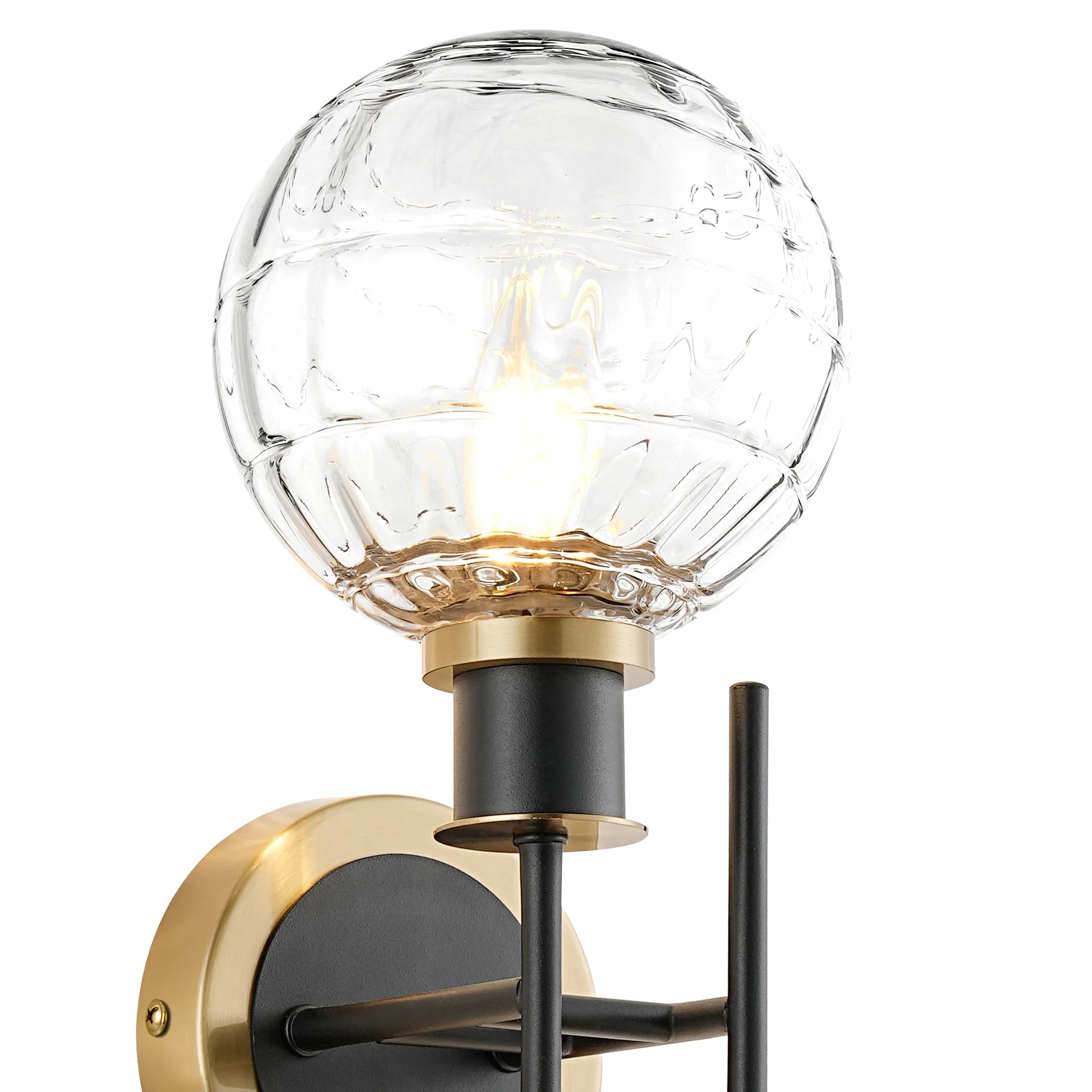 Sycamore Switched Wall Light 2 Light with 15cm Round Textured Melting Glass Shade - Brass, Clear & Satin Black