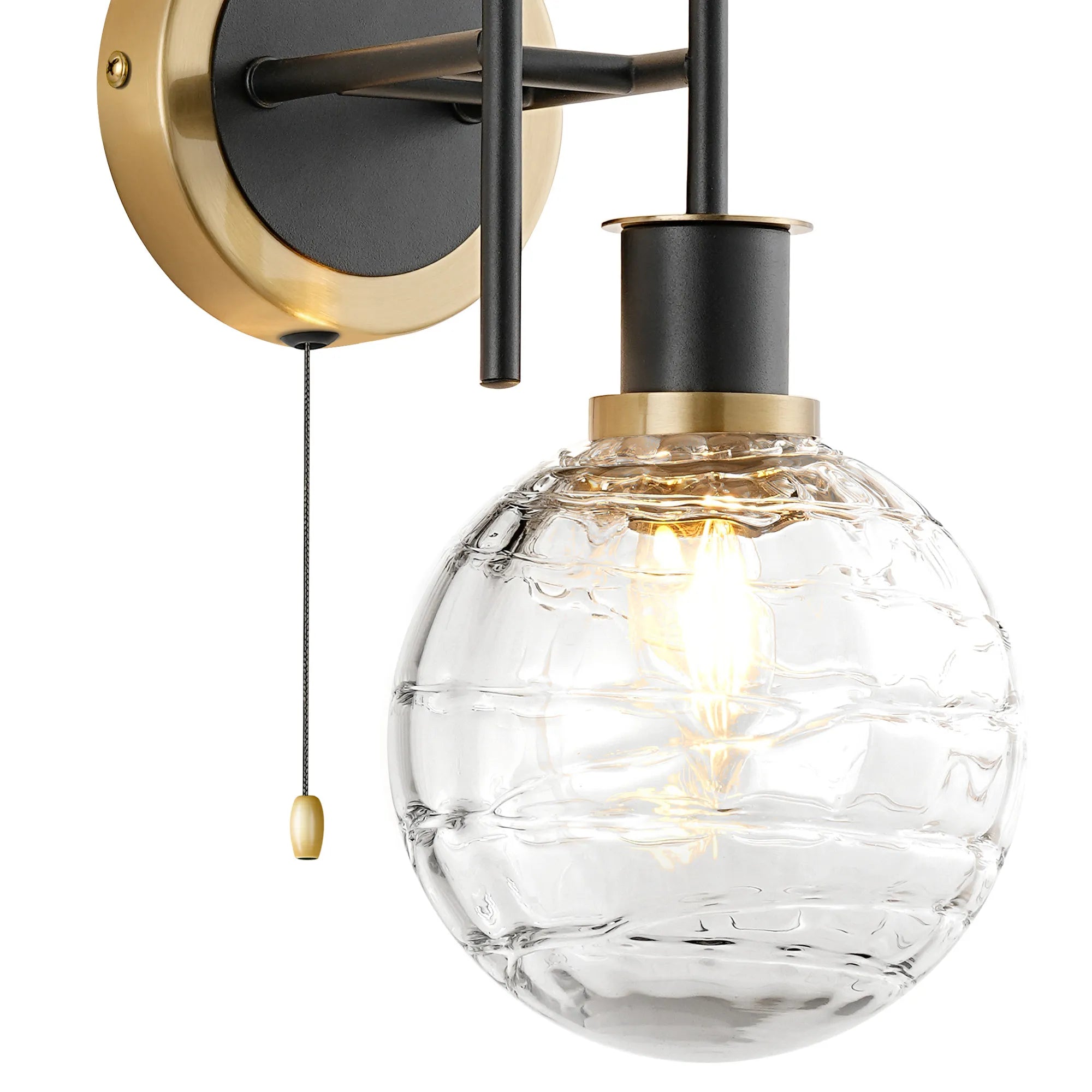 Sycamore Switched Wall Light 2 Light with 15cm Round Textured Melting Glass Shade - Brass, Clear & Satin Black