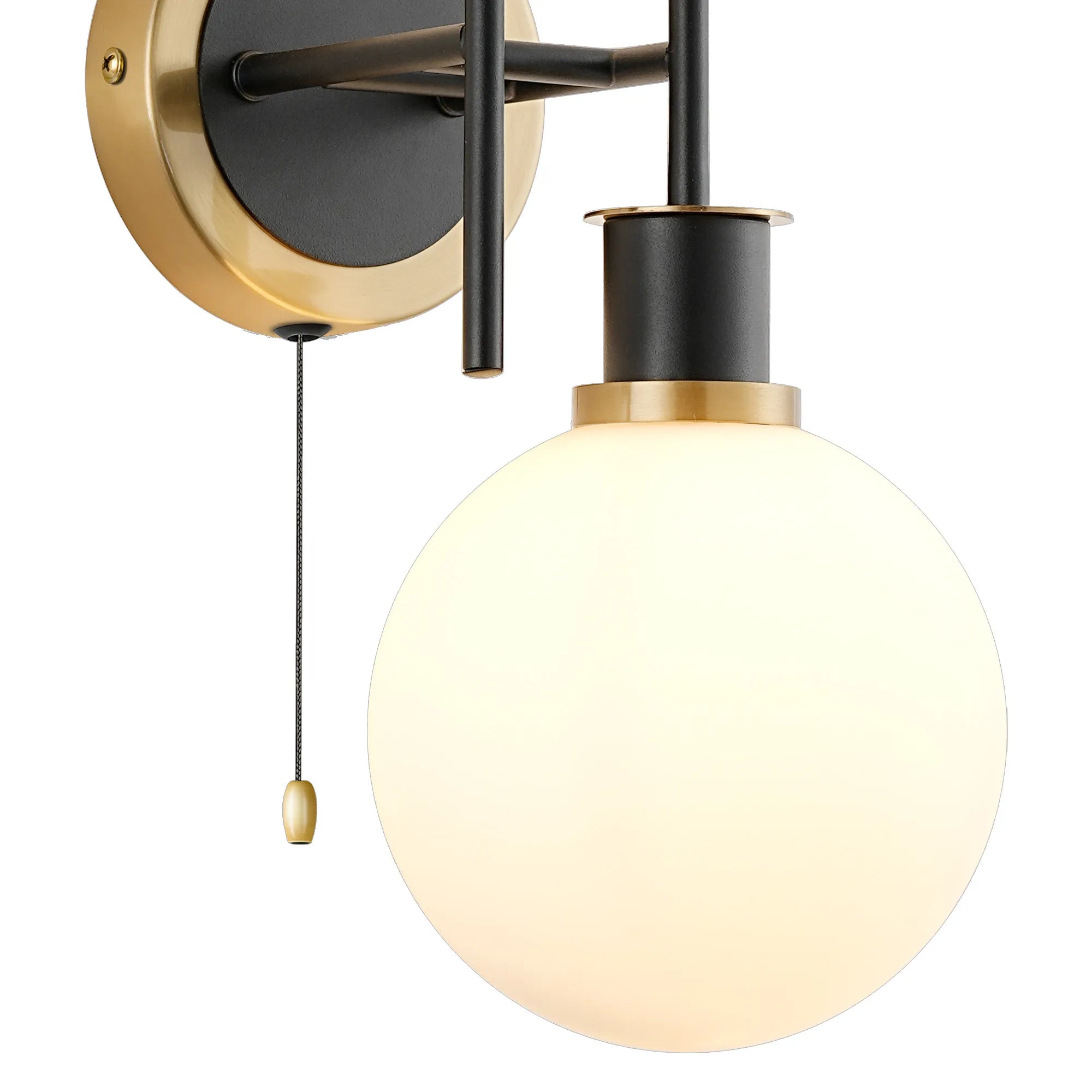 Sycamore Switched Wall Light 2 Light with 15cm Round Glass Shade - Brass, Opal & Satin Black