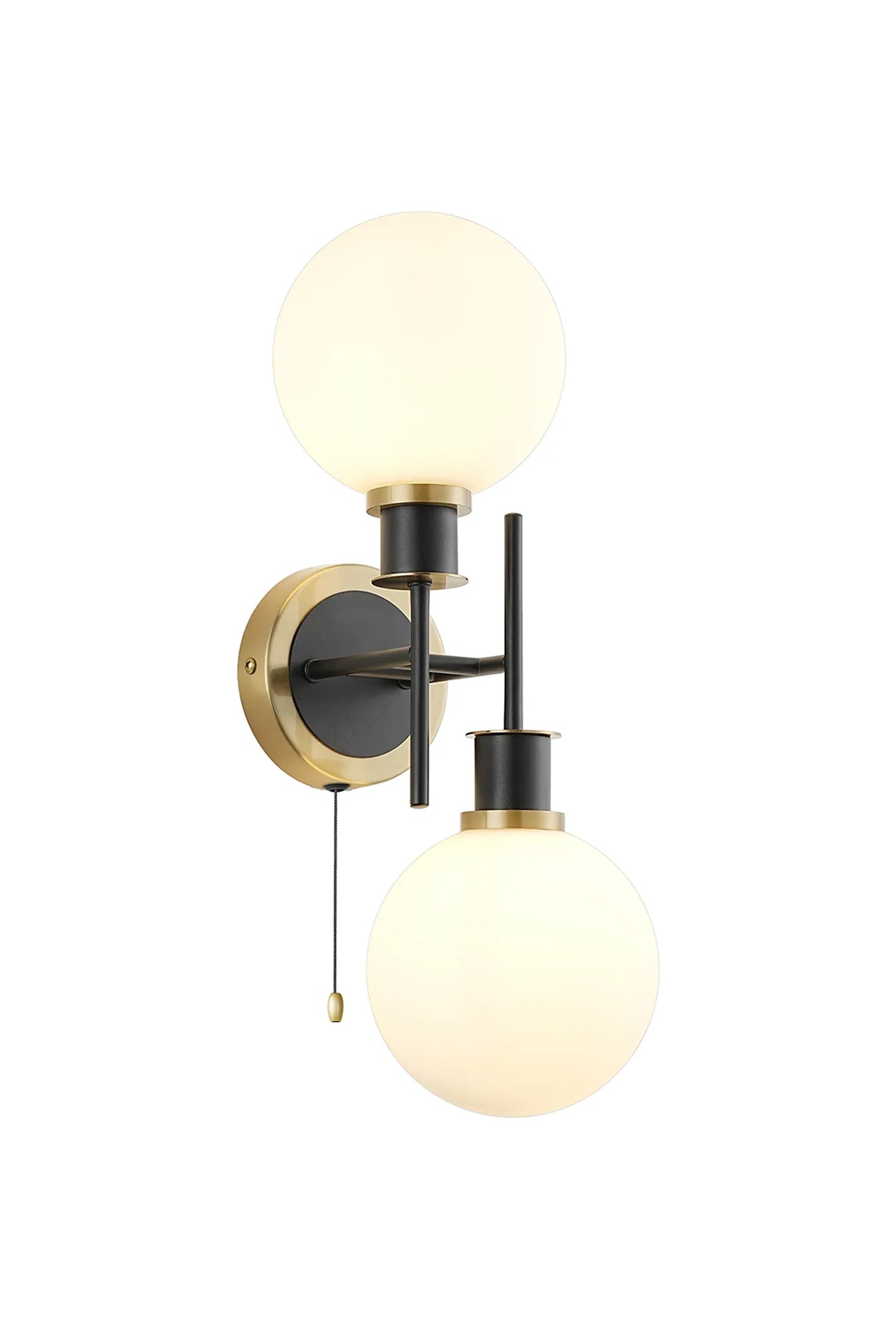 Sycamore Switched Wall Light 2 Light with 15cm Round Glass Shade - Brass, Opal & Satin Black