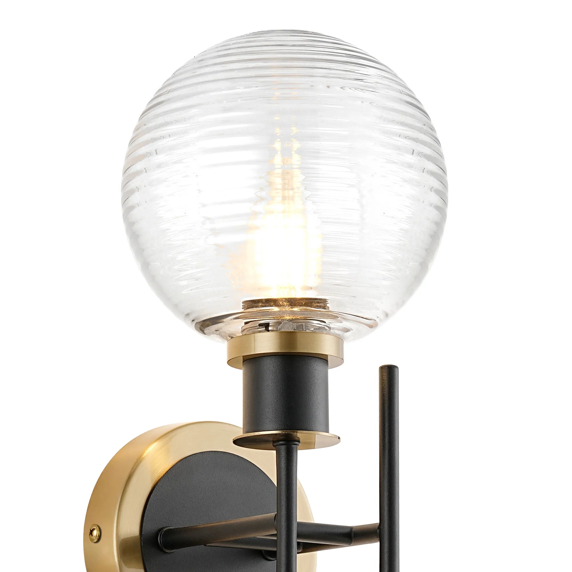 Sycamore Switched Wall Light 2 Light with 15cm Round Ribbed Glass Shade - Brass, Clear & Satin Black