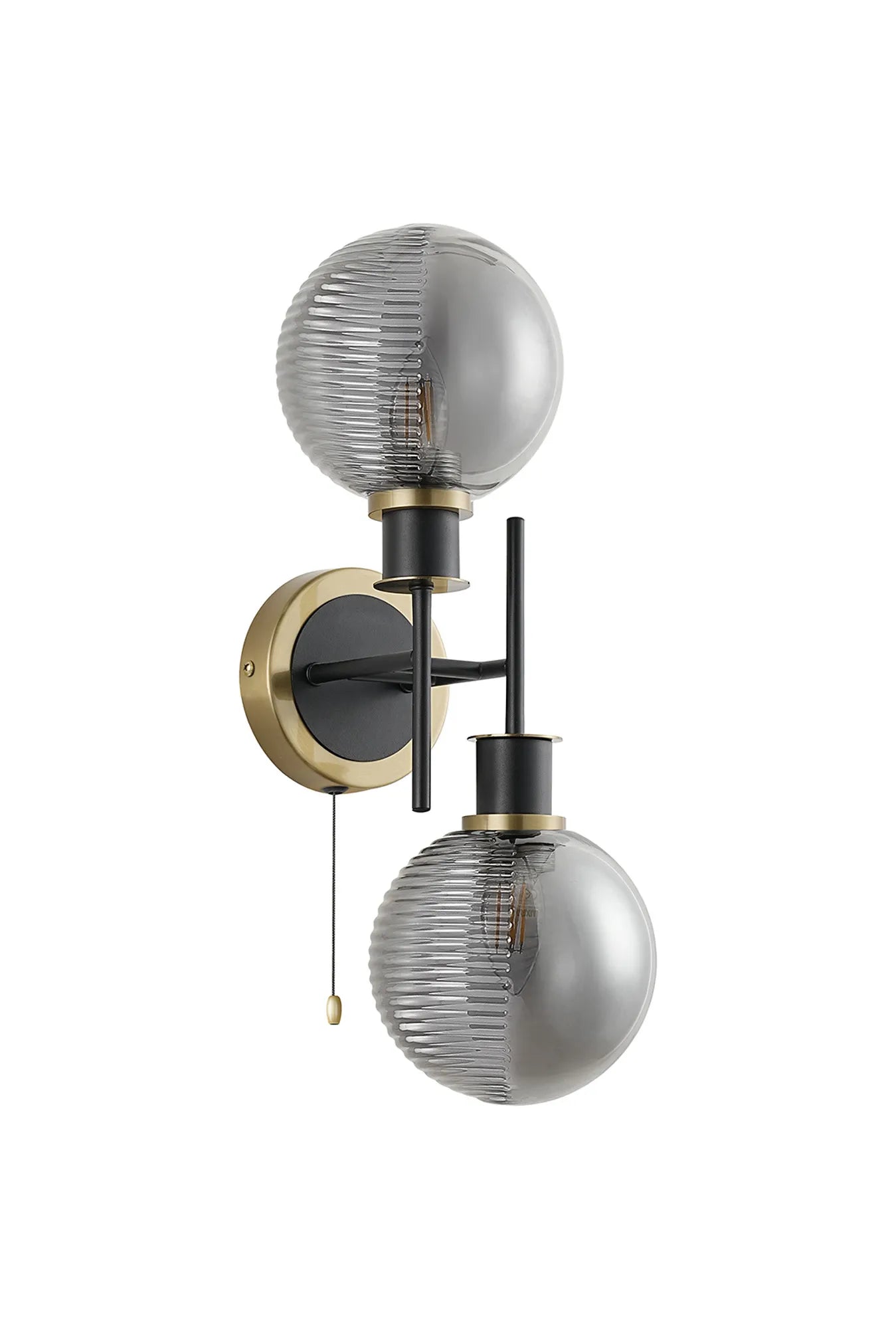 Sycamore Switched Wall Light 2 Light with 15cm Round Double Textured Smooth & Ribbed Glass Shade - Brass, Smoke Plated & Satin Black