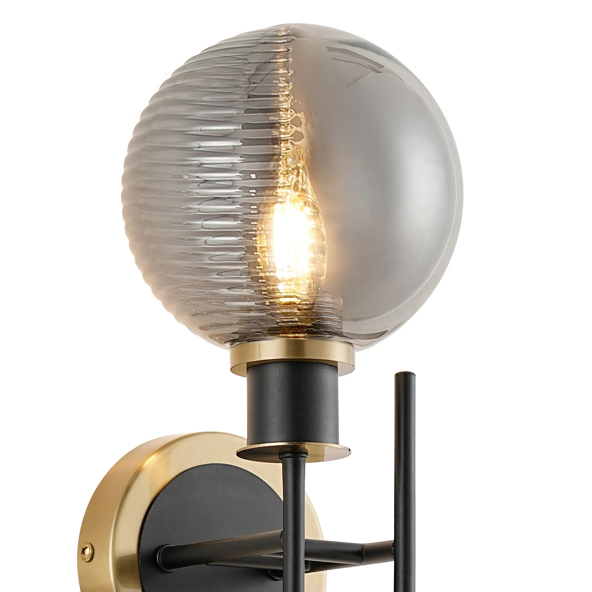 Sycamore Switched Wall Light 2 Light with 15cm Round Double Textured Smooth & Ribbed Glass Shade - Brass, Smoke Plated & Satin Black
