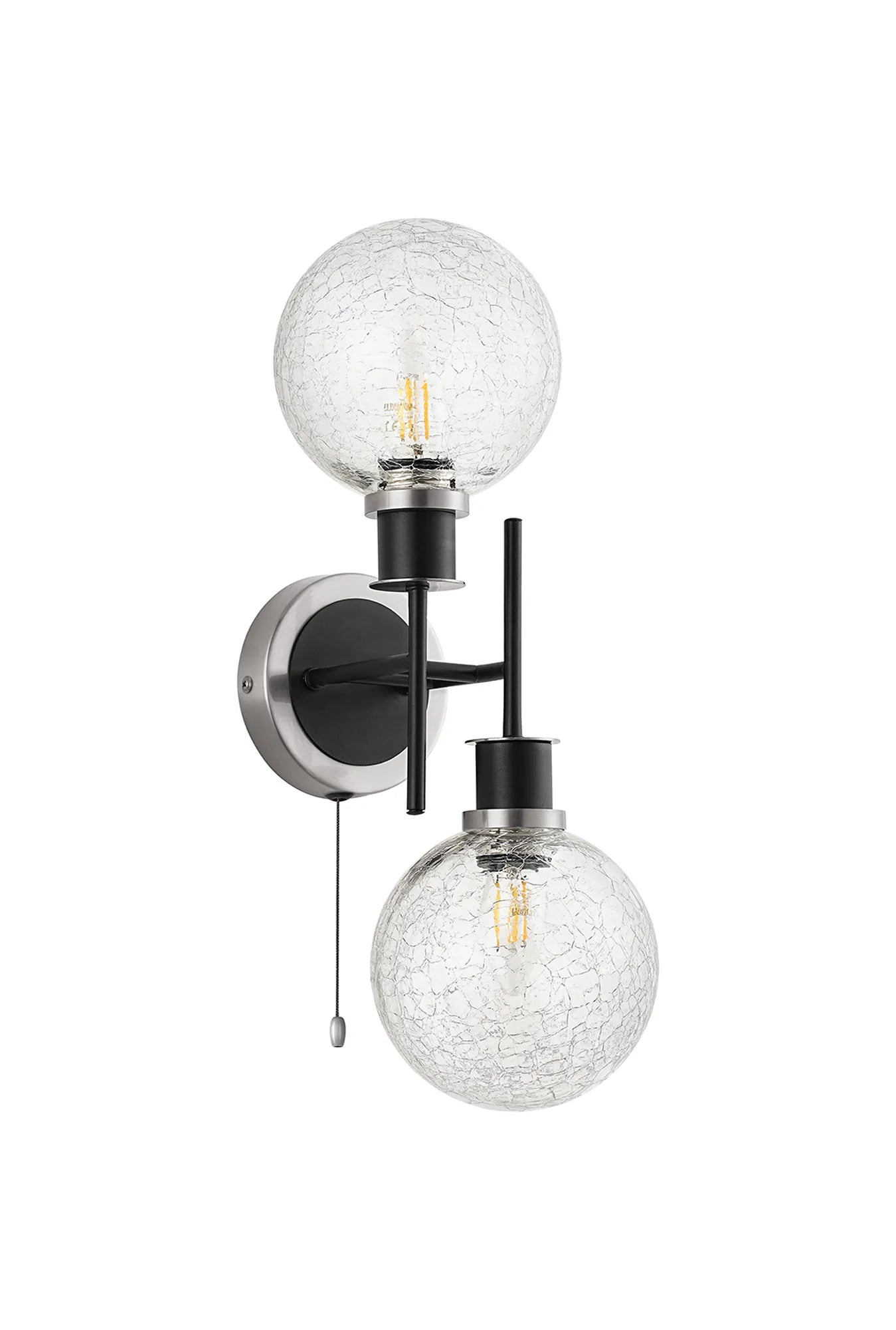 Sycamore Switched Wall Light 2 Light with 15cm Round Crackled Glass Shade - Satin Nickel, Clear & Satin Black