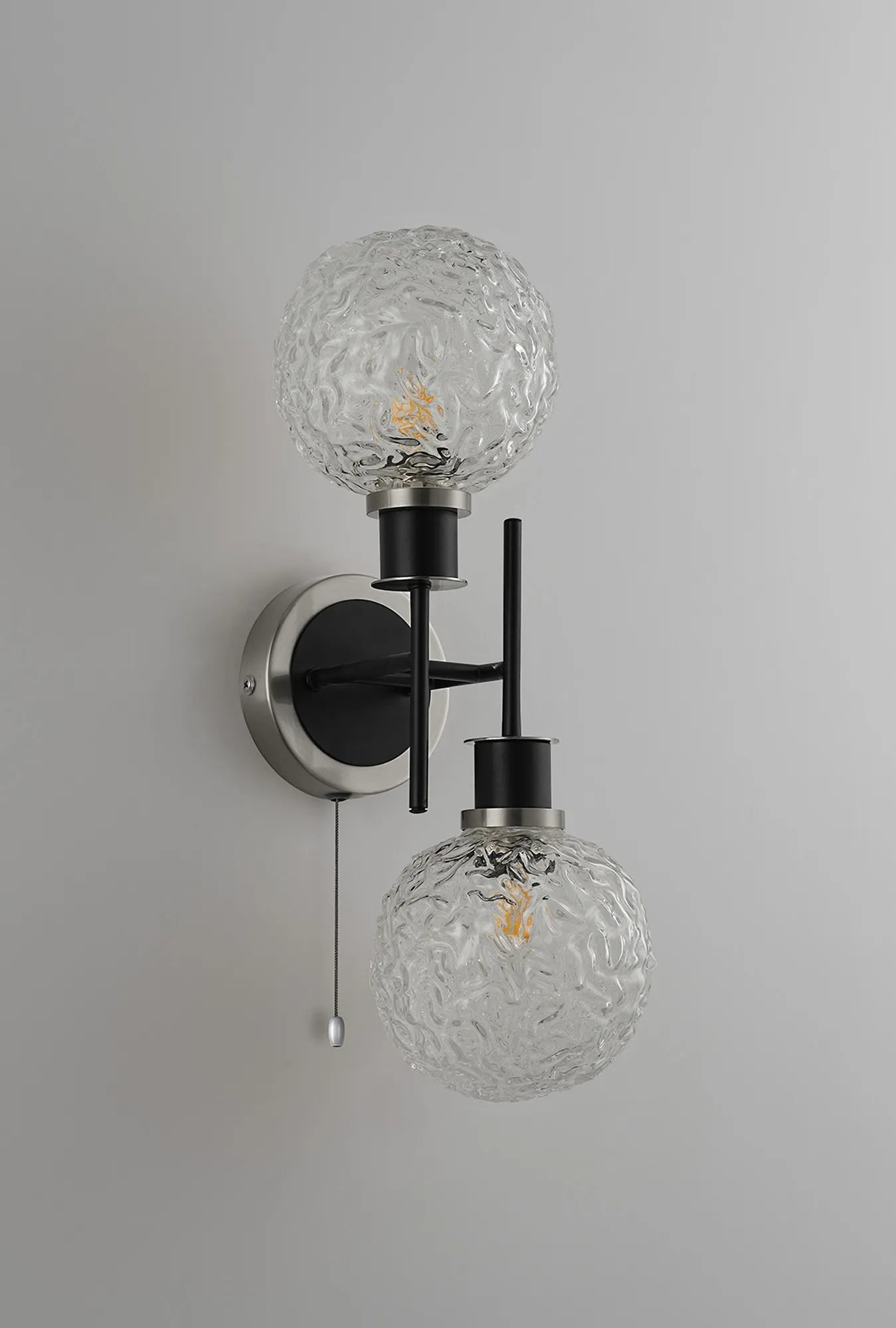 Sycamore Switched Wall Light 2 Light with 15cm Round Textured Crumple Glass Shade - Satin Nickel, Clear & Satin Black
