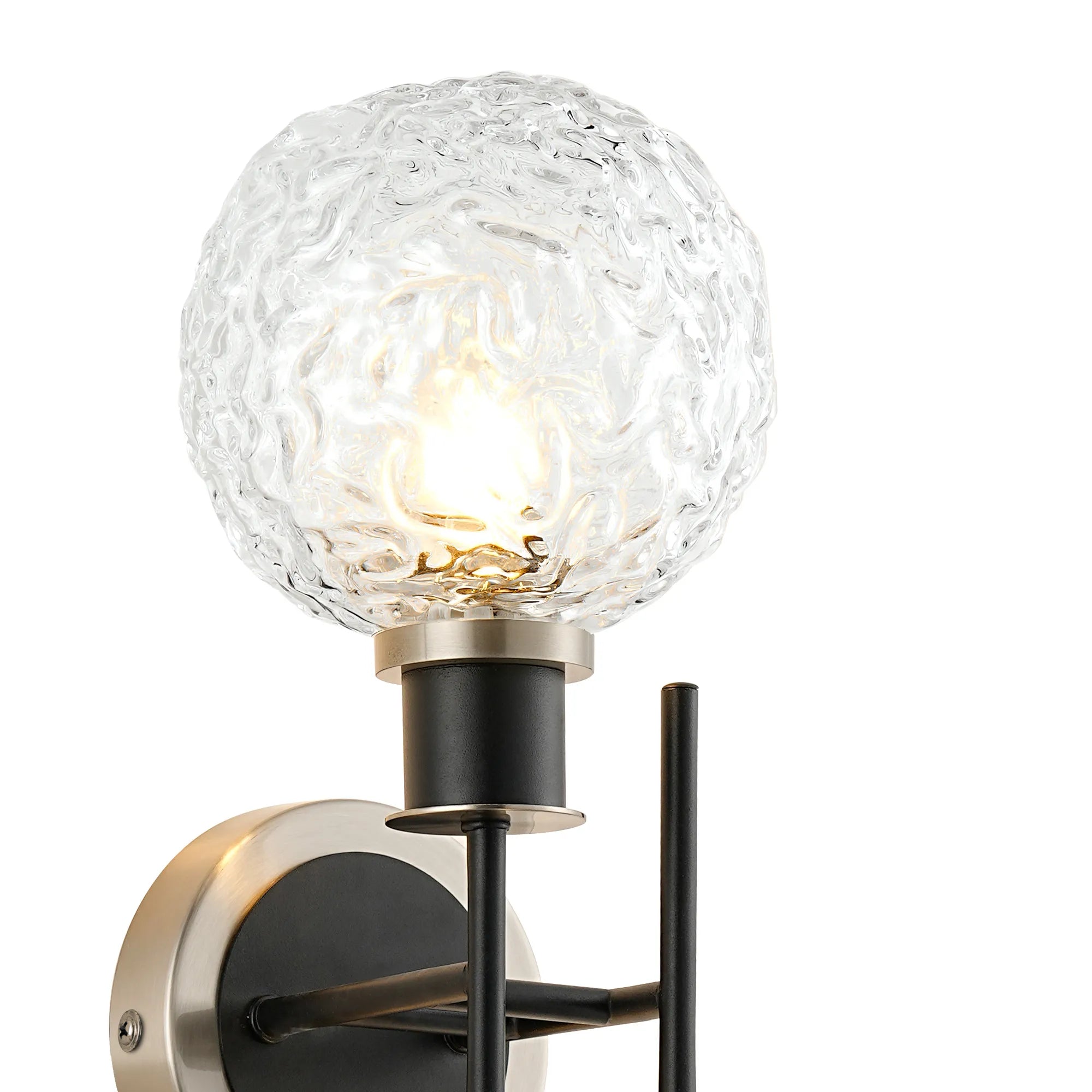 Sycamore Switched Wall Light 2 Light with 15cm Round Textured Crumple Glass Shade - Satin Nickel, Clear & Satin Black