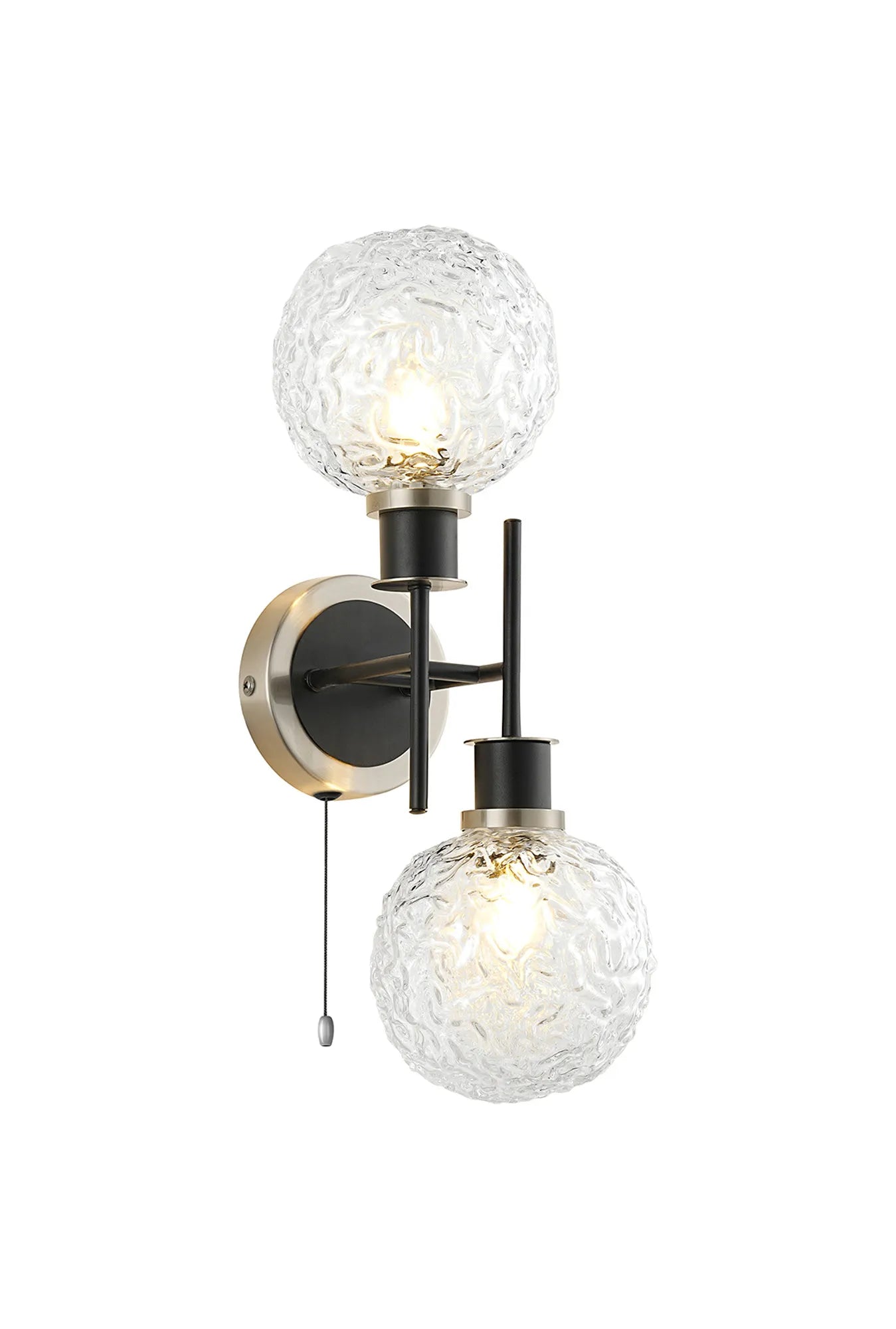 Sycamore Switched Wall Light 2 Light with 15cm Round Textured Crumple Glass Shade - Satin Nickel, Clear & Satin Black