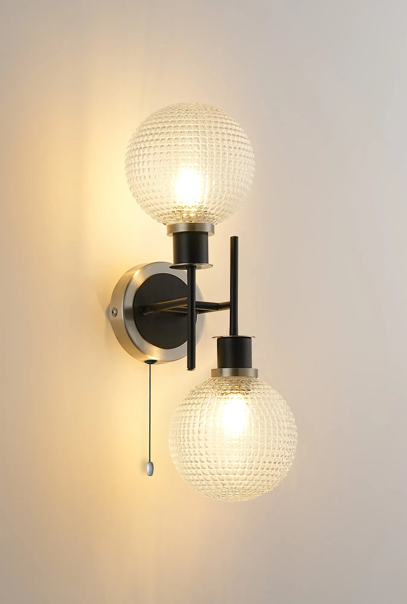 Sycamore Switched Wall Light 2 Light with 15cm Round Textured Diamond Pattern Glass Shade - Satin Nickel, Clear & Satin Black