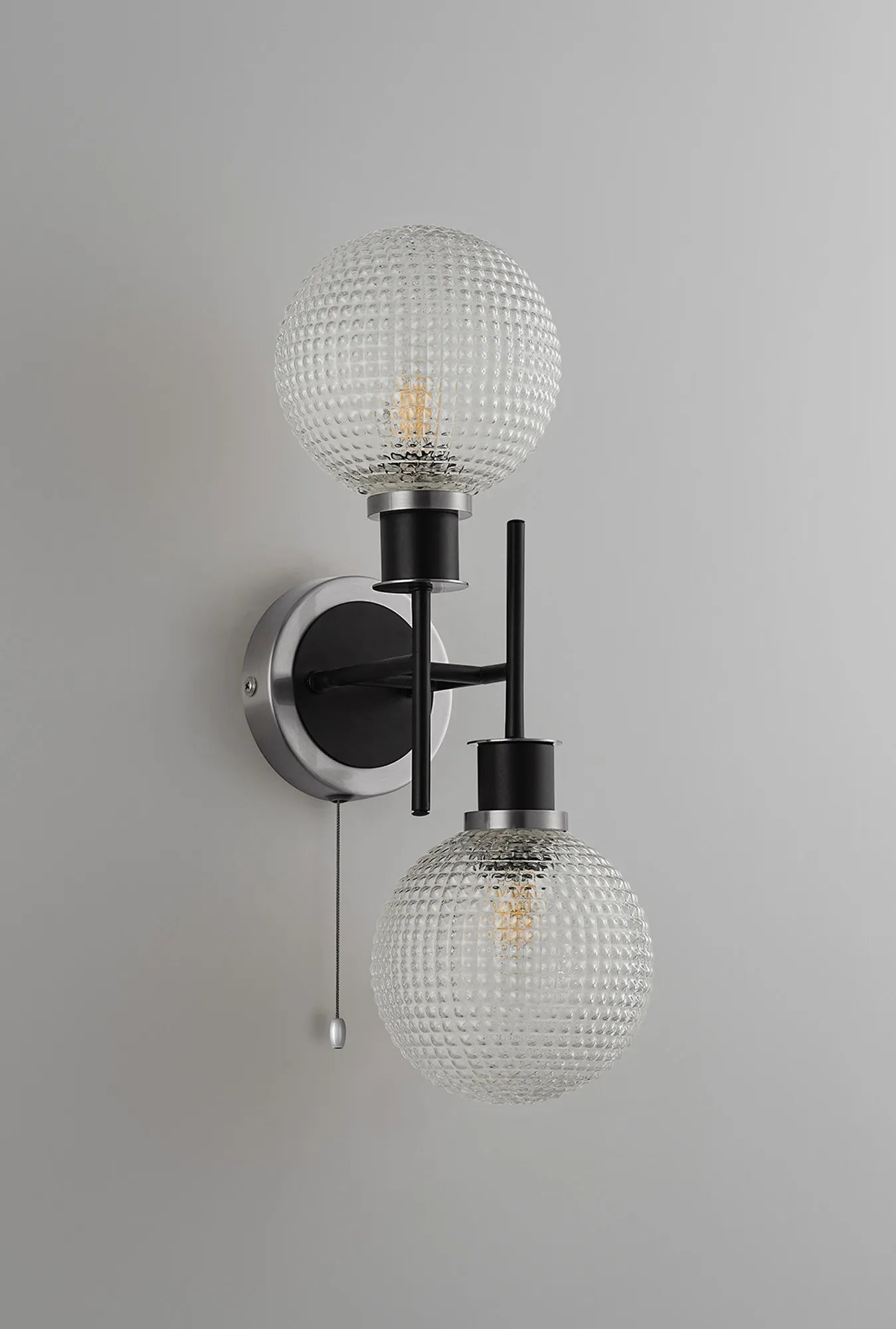 Sycamore Switched Wall Light 2 Light with 15cm Round Textured Diamond Pattern Glass Shade - Satin Nickel, Clear & Satin Black