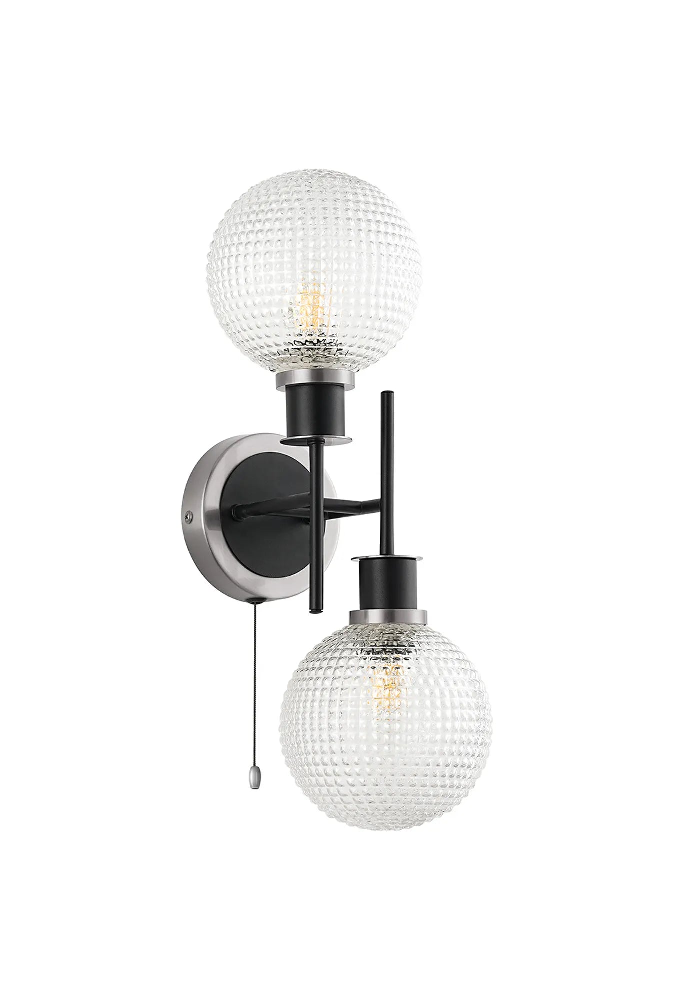 Sycamore Switched Wall Light 2 Light with 15cm Round Textured Diamond Pattern Glass Shade - Satin Nickel, Clear & Satin Black