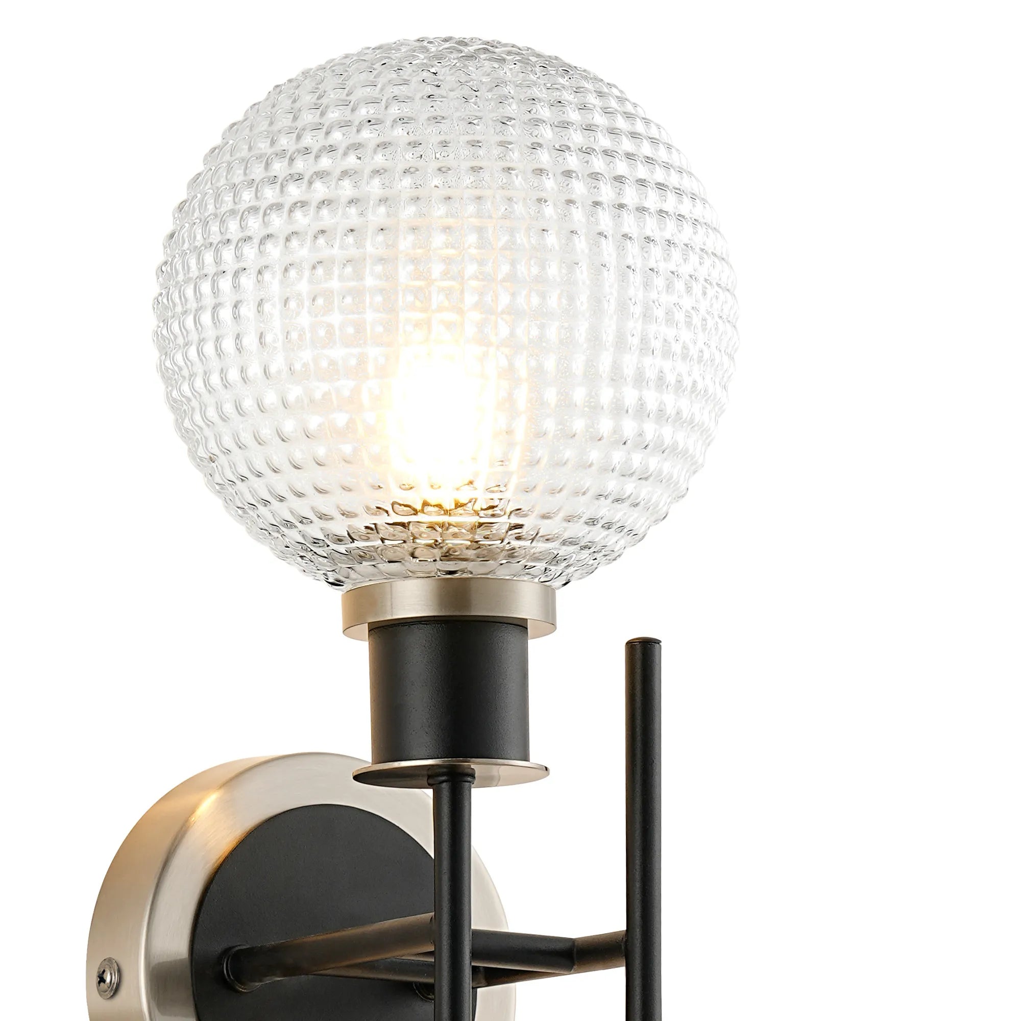 Sycamore Switched Wall Light 2 Light with 15cm Round Textured Diamond Pattern Glass Shade - Satin Nickel, Clear & Satin Black