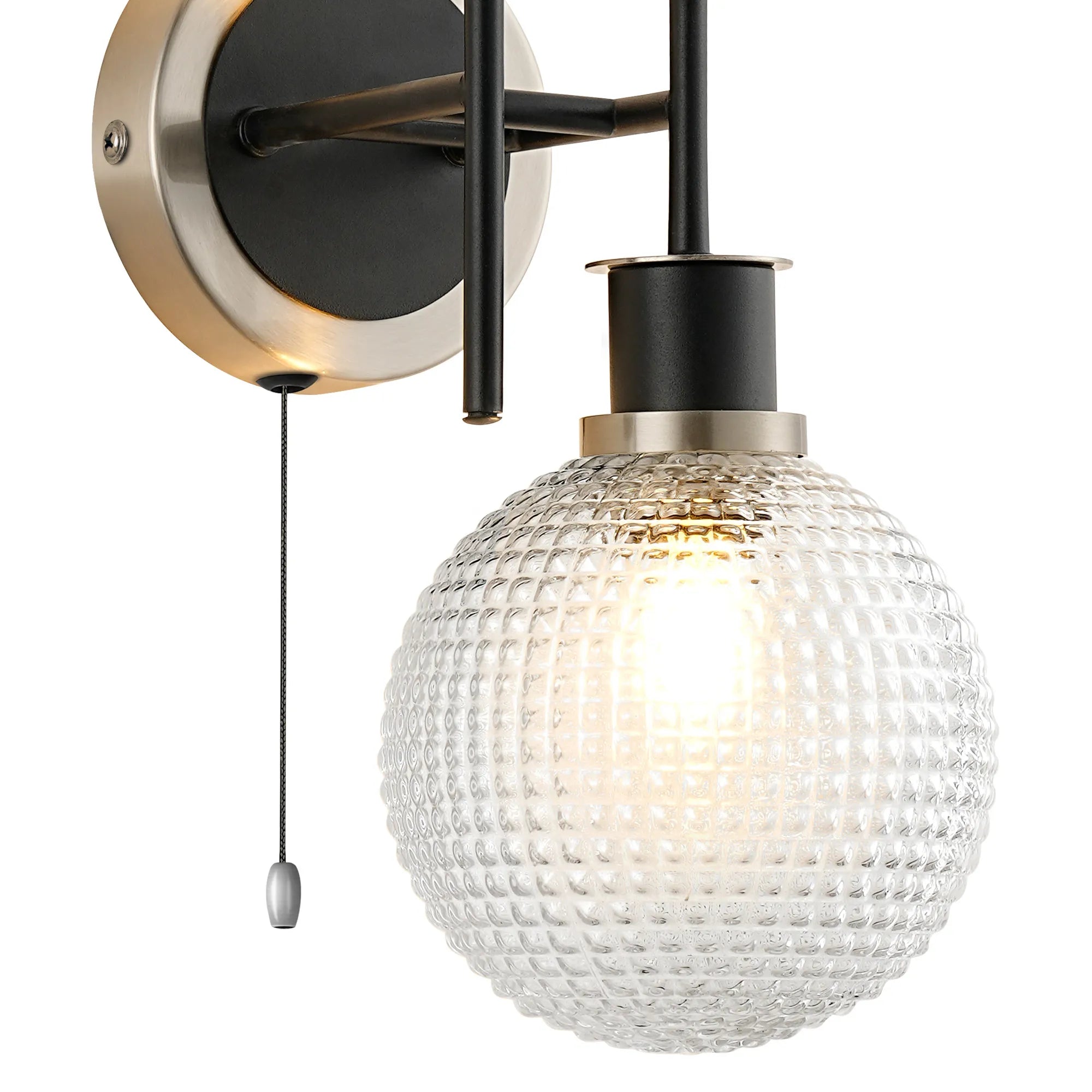 Sycamore Switched Wall Light 2 Light with 15cm Round Textured Diamond Pattern Glass Shade - Satin Nickel, Clear & Satin Black
