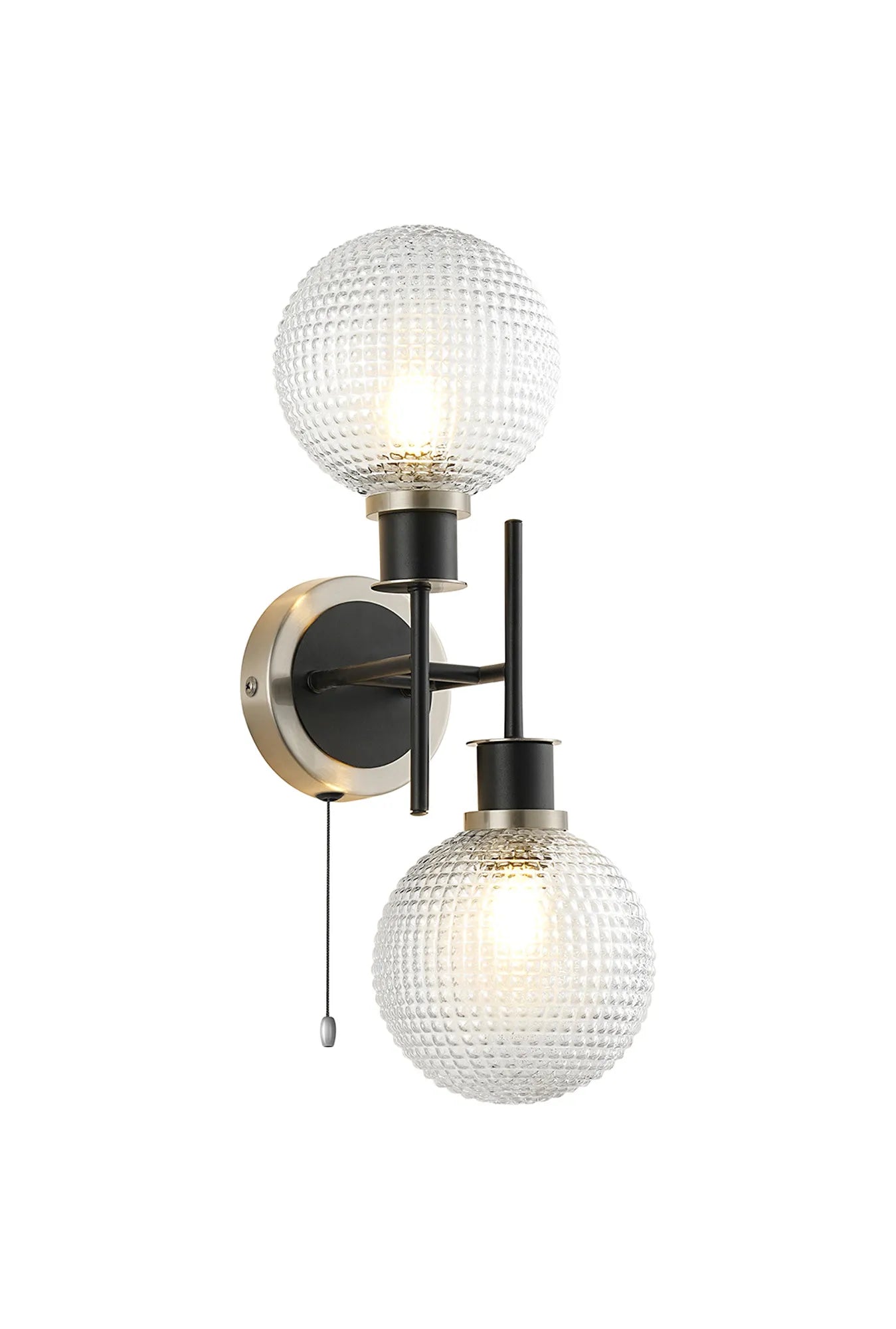 Sycamore Switched Wall Light 2 Light with 15cm Round Textured Diamond Pattern Glass Shade - Satin Nickel, Clear & Satin Black