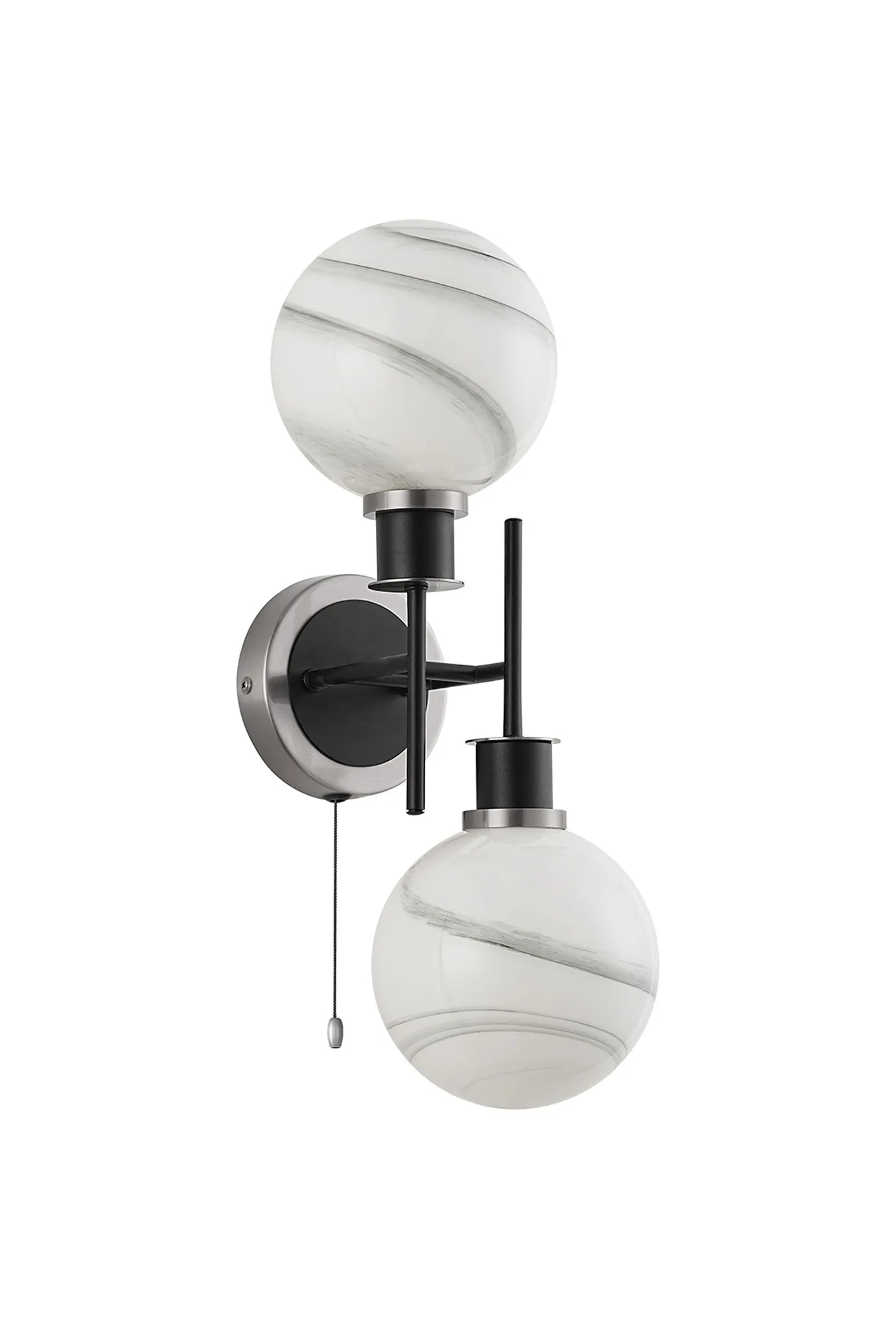 Sycamore Switched Wall Light 2 Light with 15cm Round Marble Effect Glass Shade - Satin Nickel, White & Satin Black