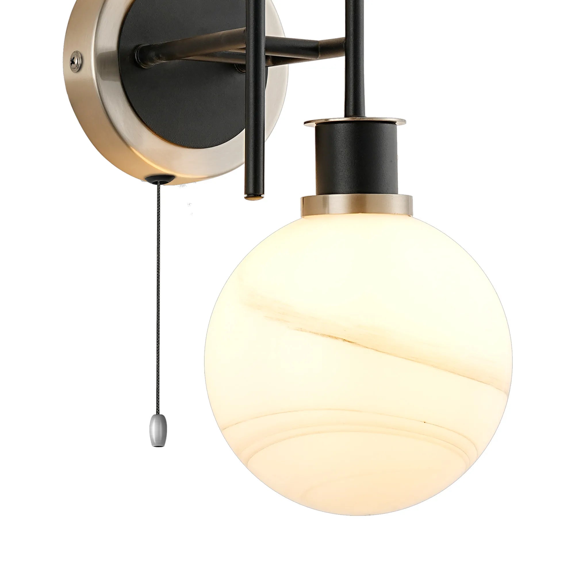 Sycamore Switched Wall Light 2 Light with 15cm Round Marble Effect Glass Shade - Satin Nickel, White & Satin Black