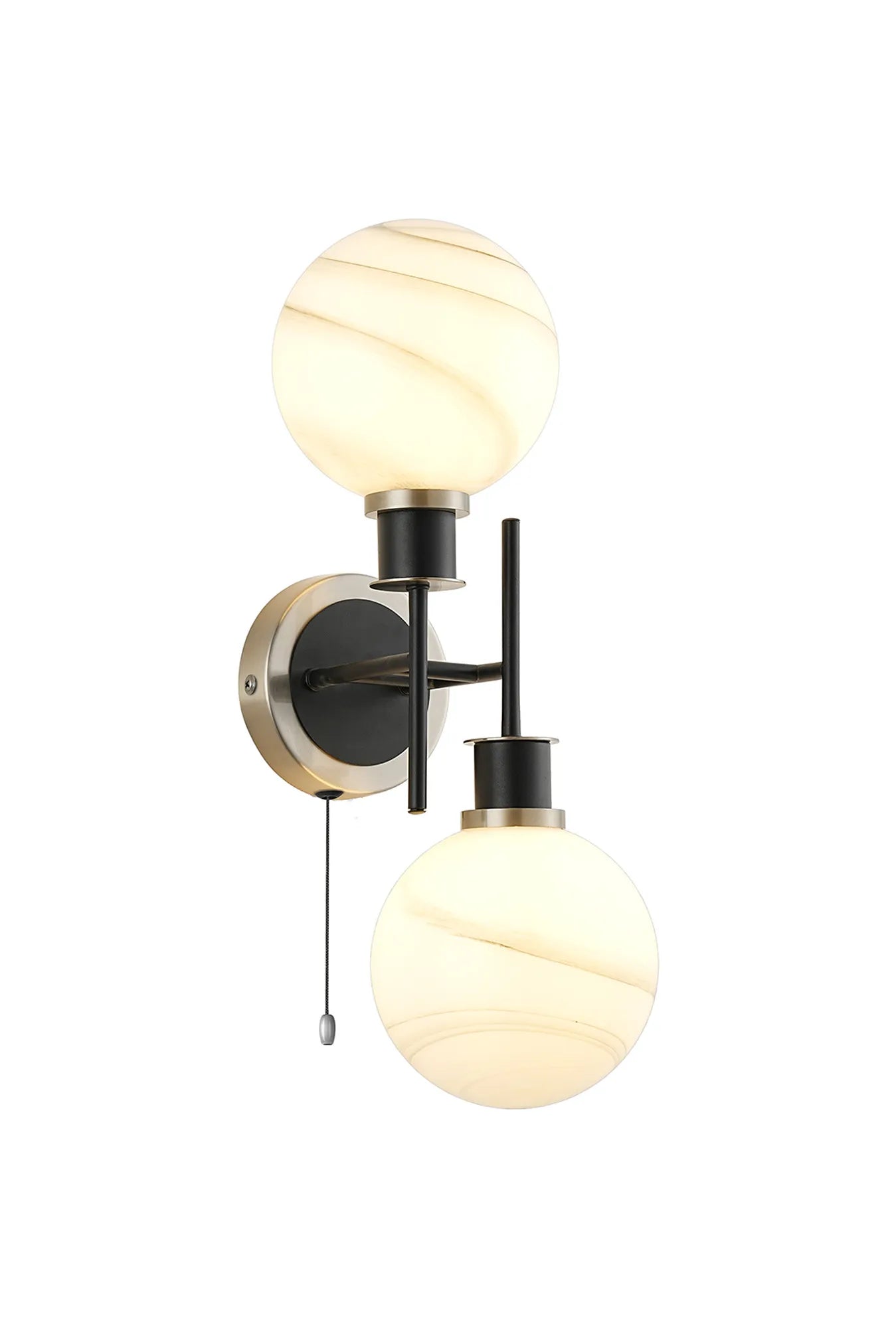 Sycamore Switched Wall Light 2 Light with 15cm Round Marble Effect Glass Shade - Satin Nickel, White & Satin Black