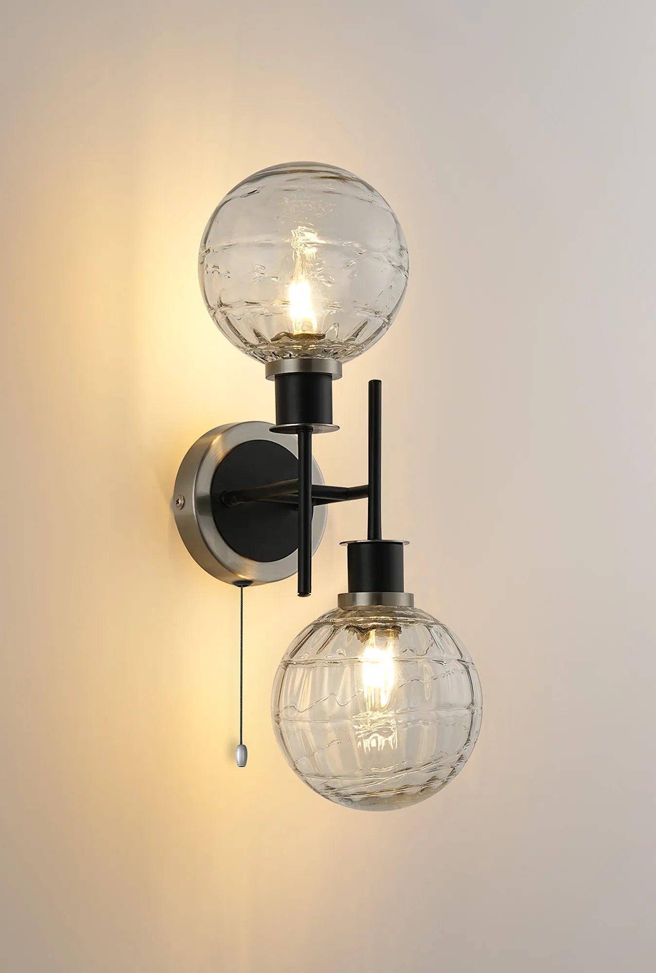 Sycamore Switched Wall Light 2 Light with 15cm Round Textured Melting Glass Shade - Satin Nickel, Clear & Satin Black