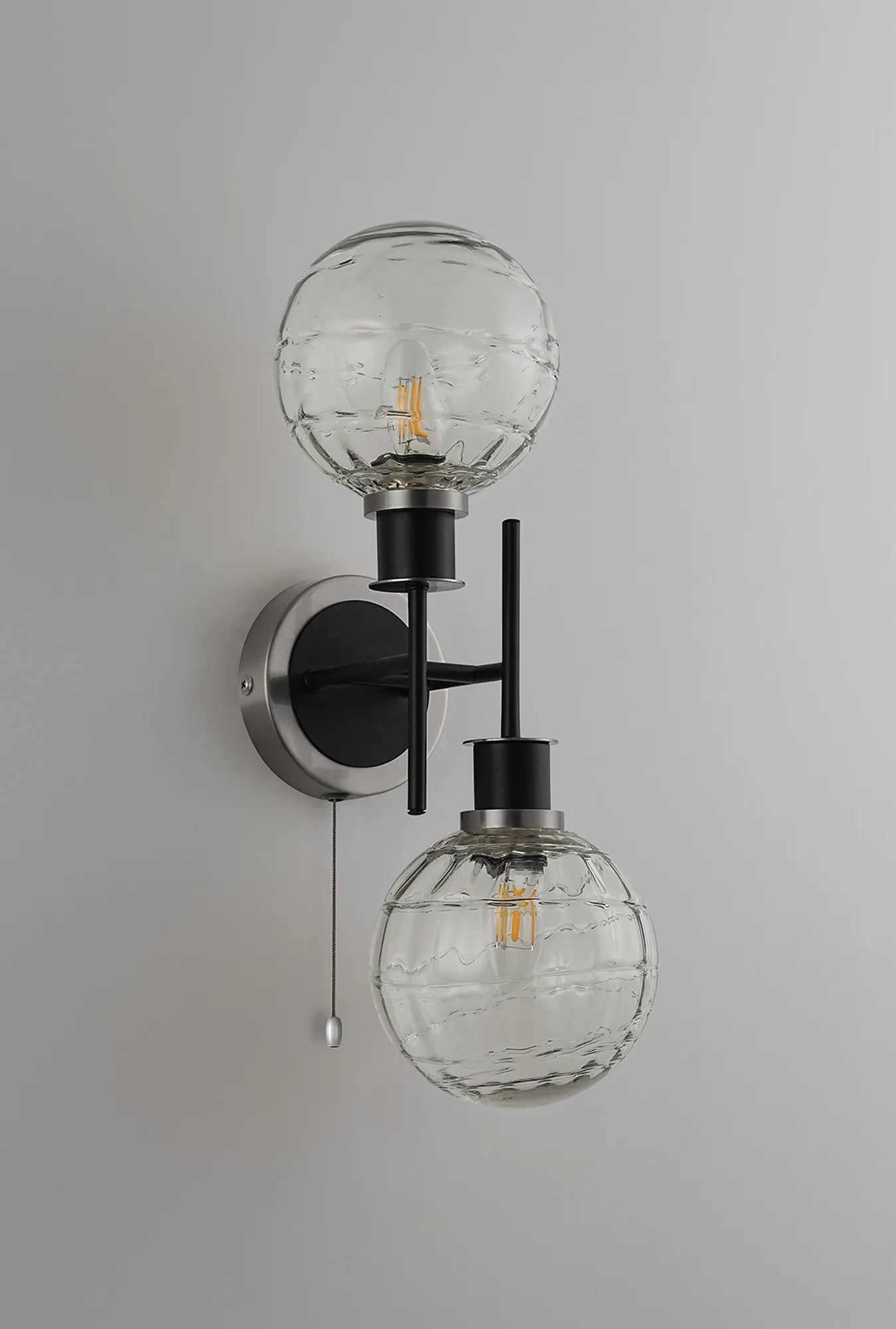 Sycamore Switched Wall Light 2 Light with 15cm Round Textured Melting Glass Shade - Satin Nickel, Clear & Satin Black